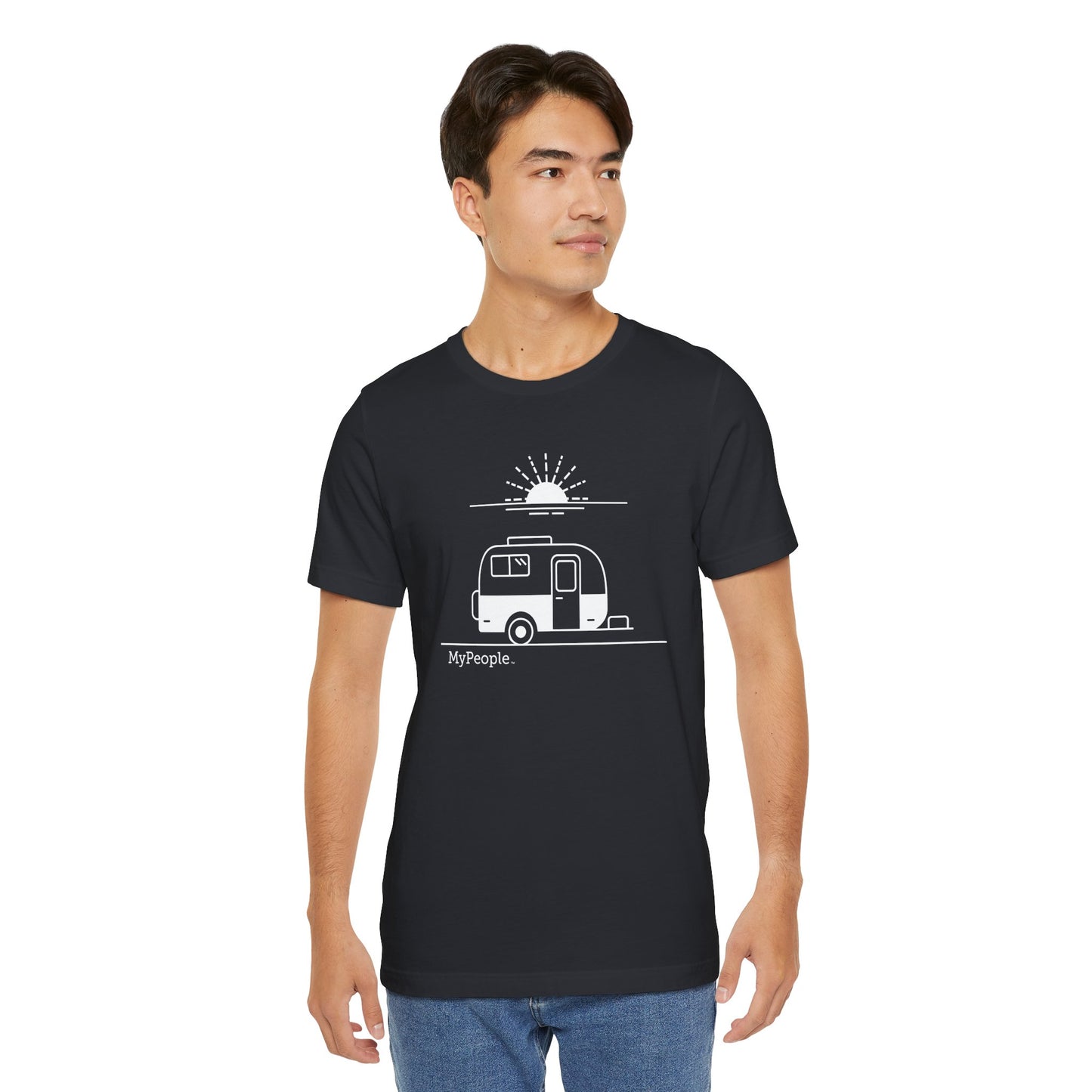 Person wearing a unisex t-shirt showing the front view with the MyPeople Vintage Trailer line illustration.
