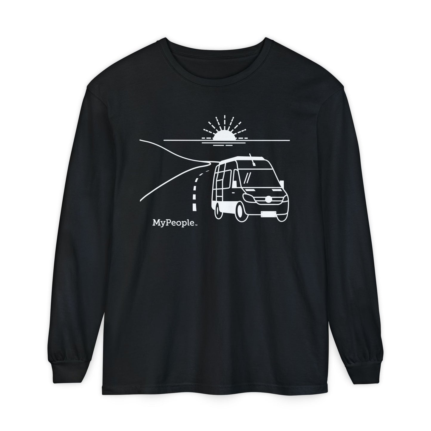 Line illustration of a camper van on the highway with a setting sun in the background, with the word MyPeople underneath on a unisex long-sleeve shirt.
