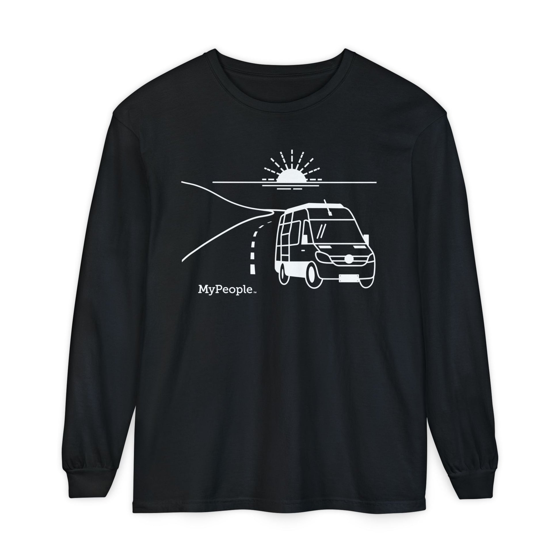 Line illustration of a camper van on the highway with a setting sun in the background, with the word MyPeople underneath on a unisex long-sleeve shirt.