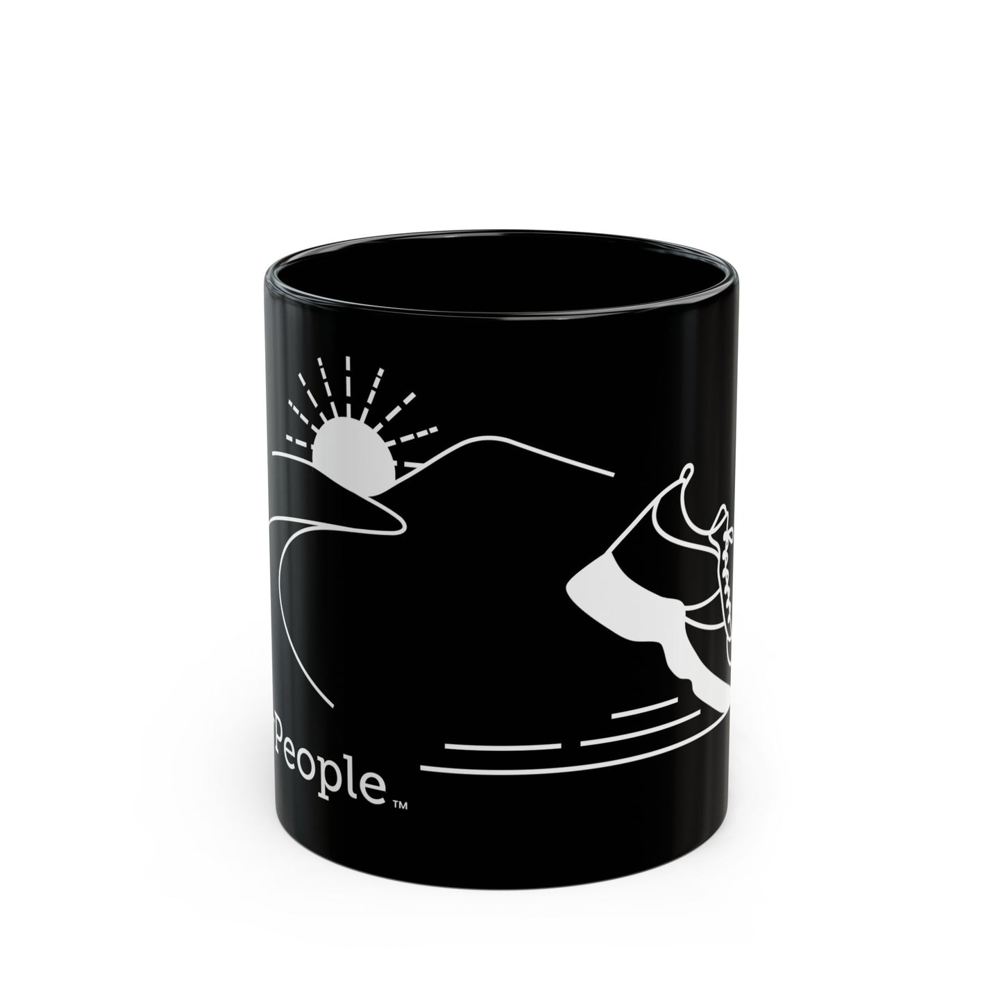 Line illustration of a running shoe with a road leading toward mountains and a setting sun, with the word MyPeople underneath printed on a ceramic mug.
