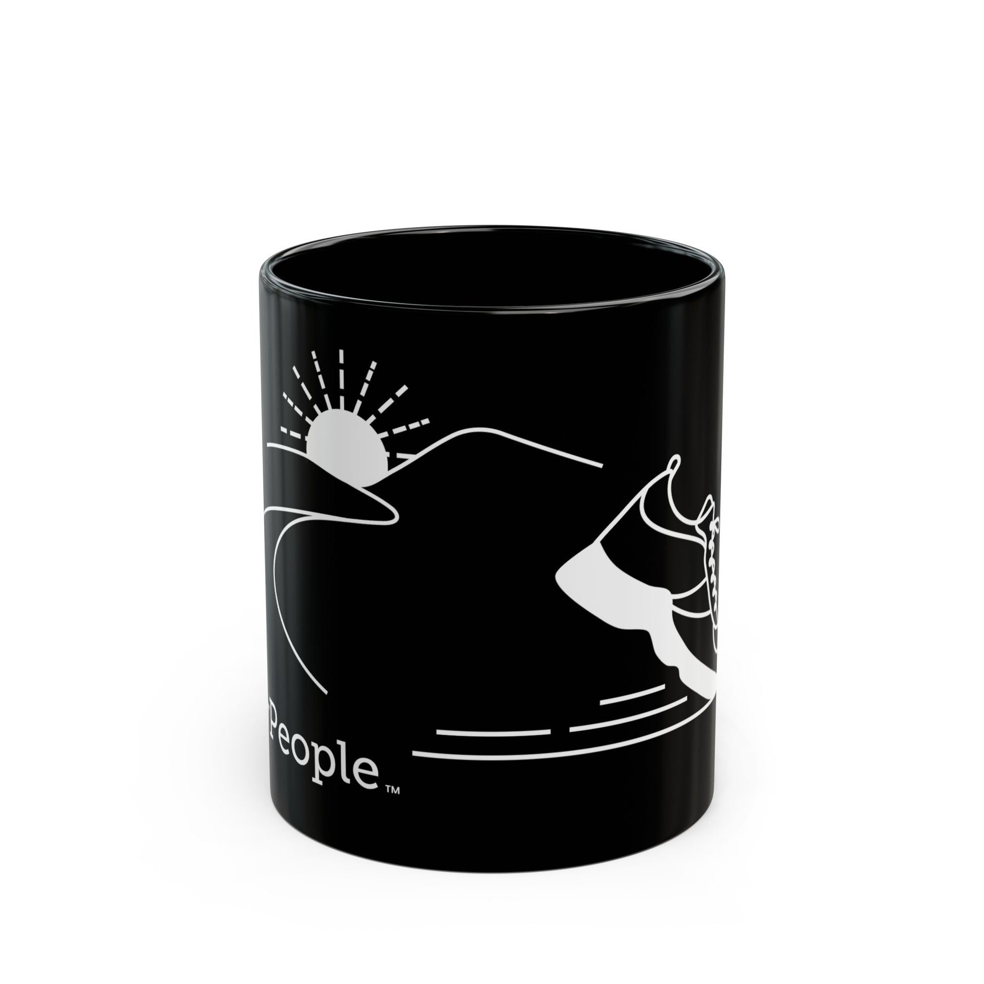 Line illustration of a running shoe with a road leading toward mountains and a setting sun, with the word MyPeople underneath printed on a ceramic mug.