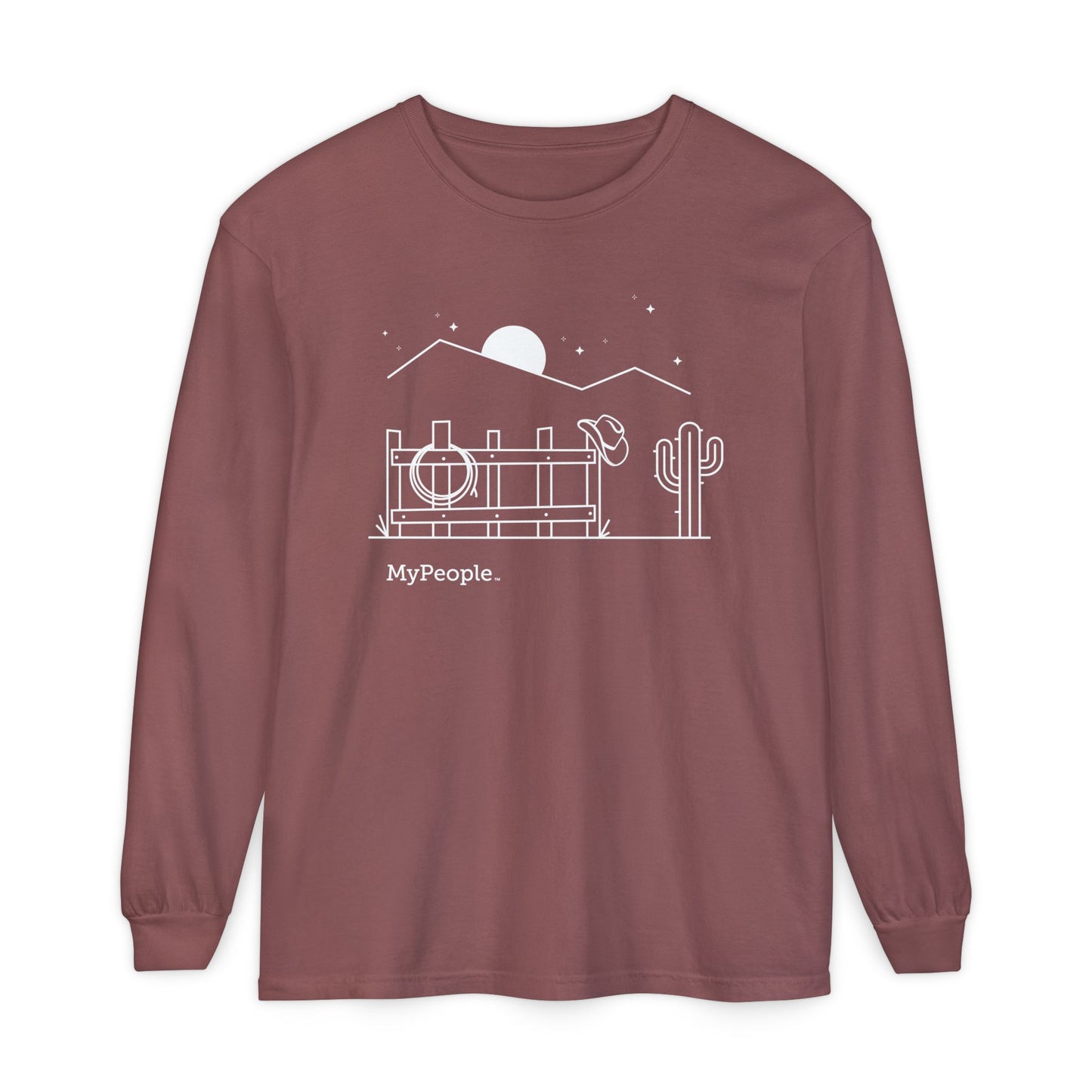 Line illustration of a fence with a cowboy hat, rope, and boots under a night sky, with the word MyPeople underneath on a unisex garment.