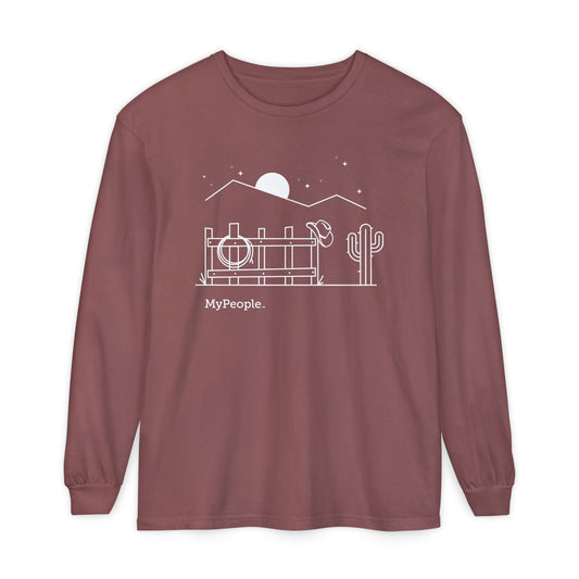 Line illustration of a fence with a cowboy hat, rope, and boots under a night sky, with the word MyPeople underneath on a unisex garment.