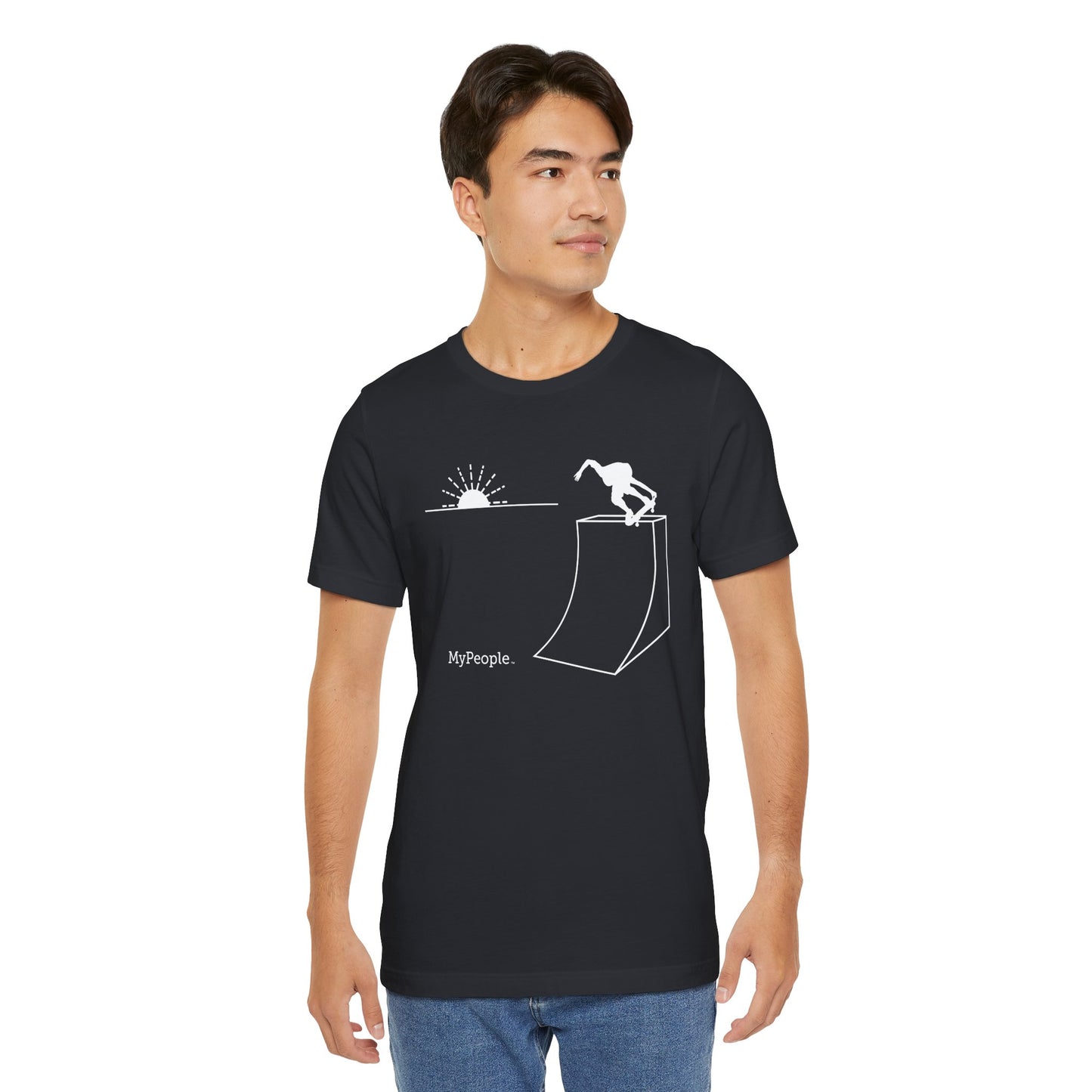 Person wearing a unisex t-shirt showing the front view with the MyPeople Skating line illustration.
