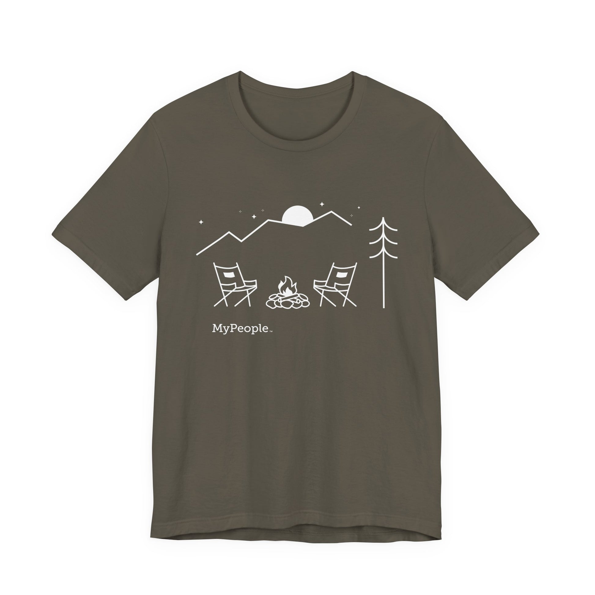 Line illustration of two chairs by a campfire under a tree with mountains and a night sky, with the word MyPeople underneath on a unisex garment.