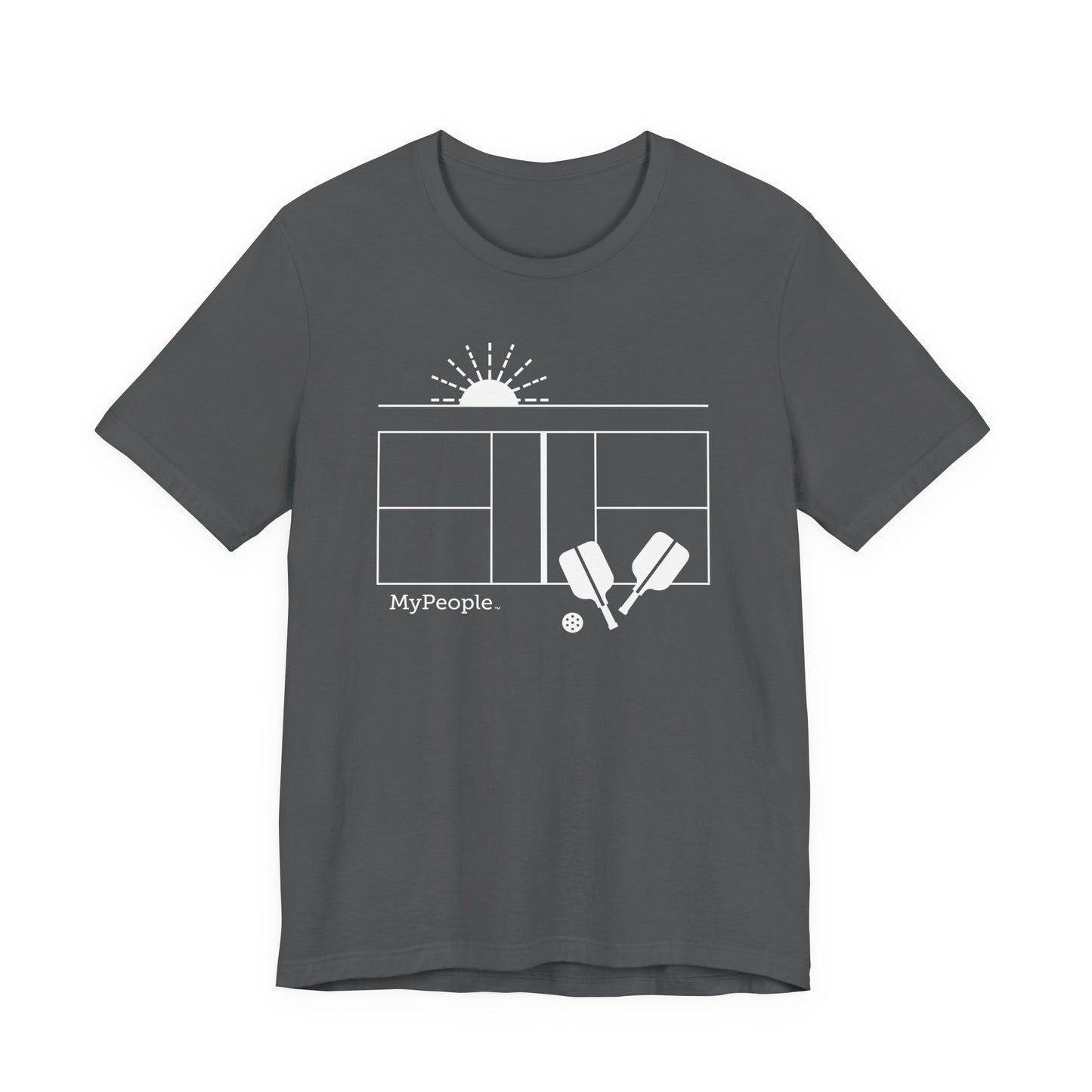 Line illustration of a pickleball court with paddles, a ball, and a setting sun, with the word MyPeople underneath on a unisex garment.
