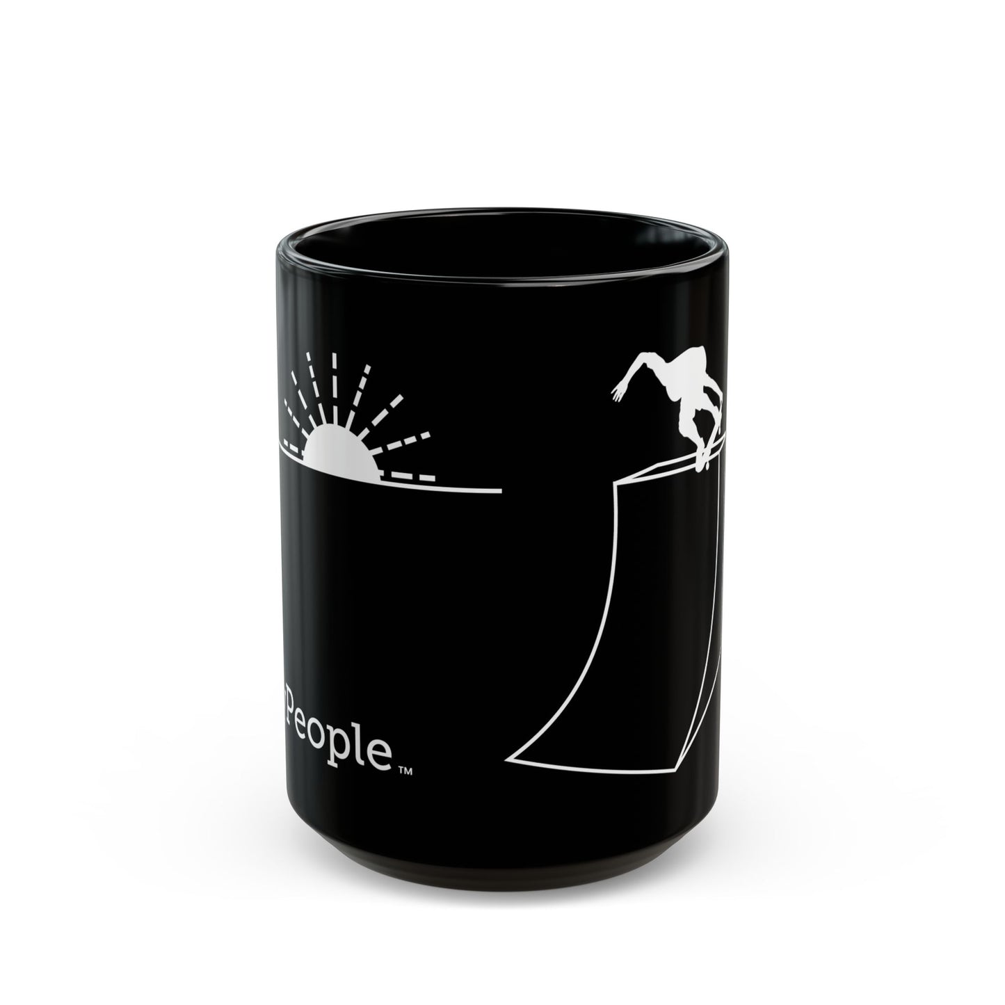 Line illustration of a skater on a ramp with a setting sun behind, with the word MyPeople underneath printed on a ceramic mug.