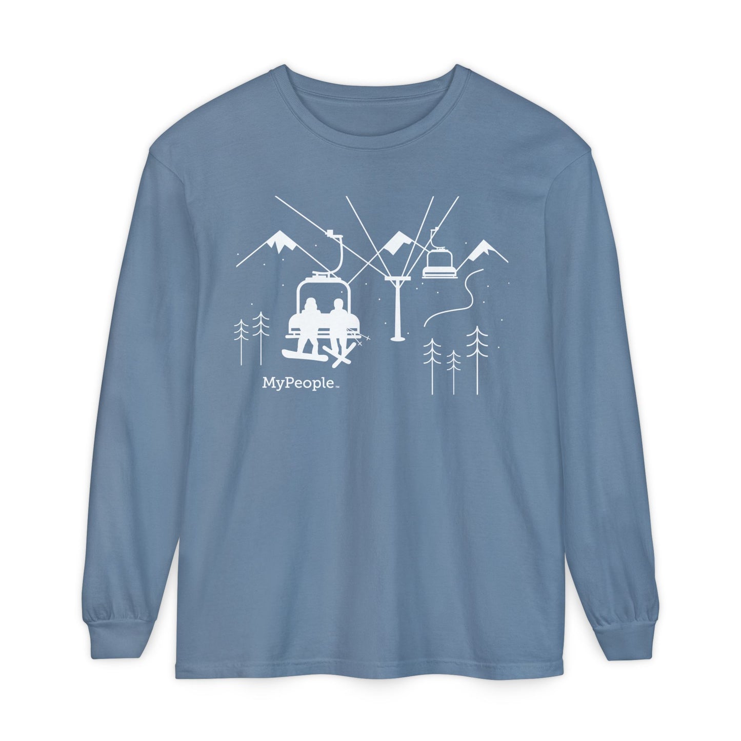 MyPeople Snowsports collection link featuring a line illustration of a snowboarder and skier on a chairlift with snowy peaks behind them.