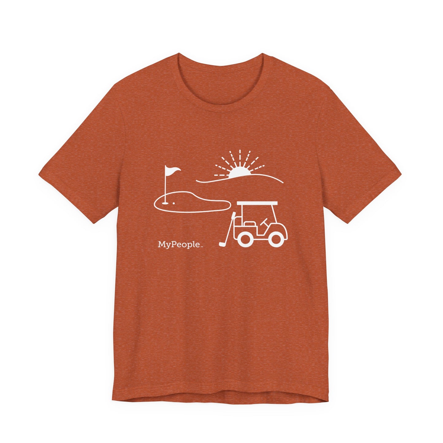 Line illustration of a golf cart, club, and green with a setting sun, with the word MyPeople underneath on a unisex garment.