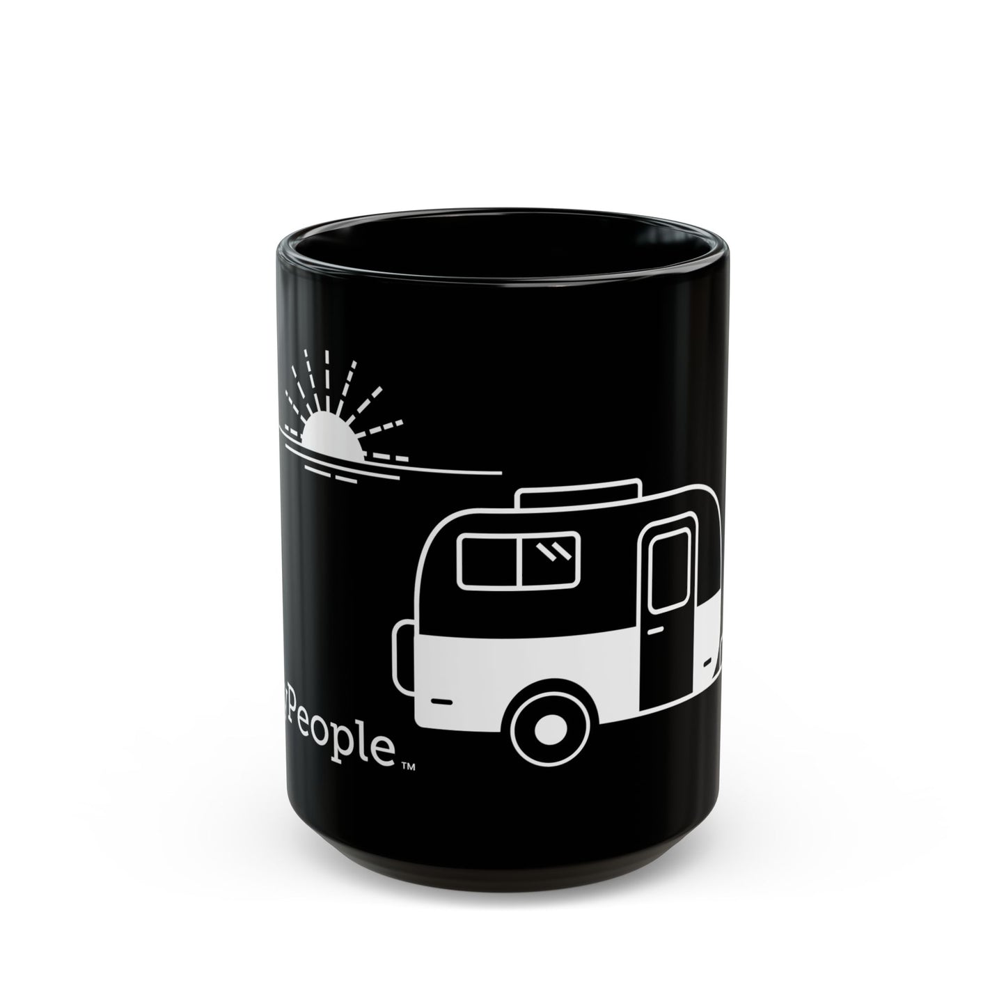 Line illustration of a classic vintage fiberglass trailer with a setting sun behind it, with the word MyPeople underneath printed on a ceramic mug.
