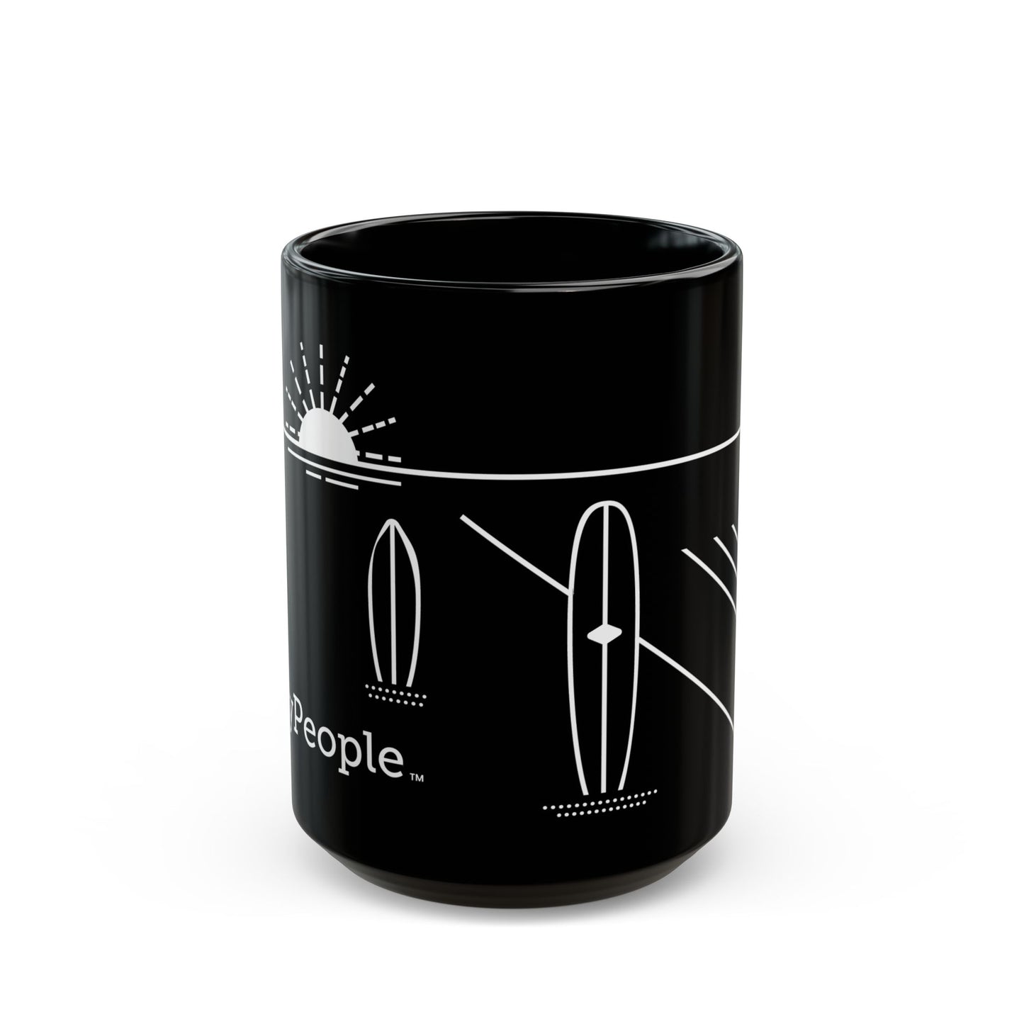 Line illustration of two surfboards standing upright in the sand with a setting sun behind, with the word MyPeople underneath printed on a ceramic mug.