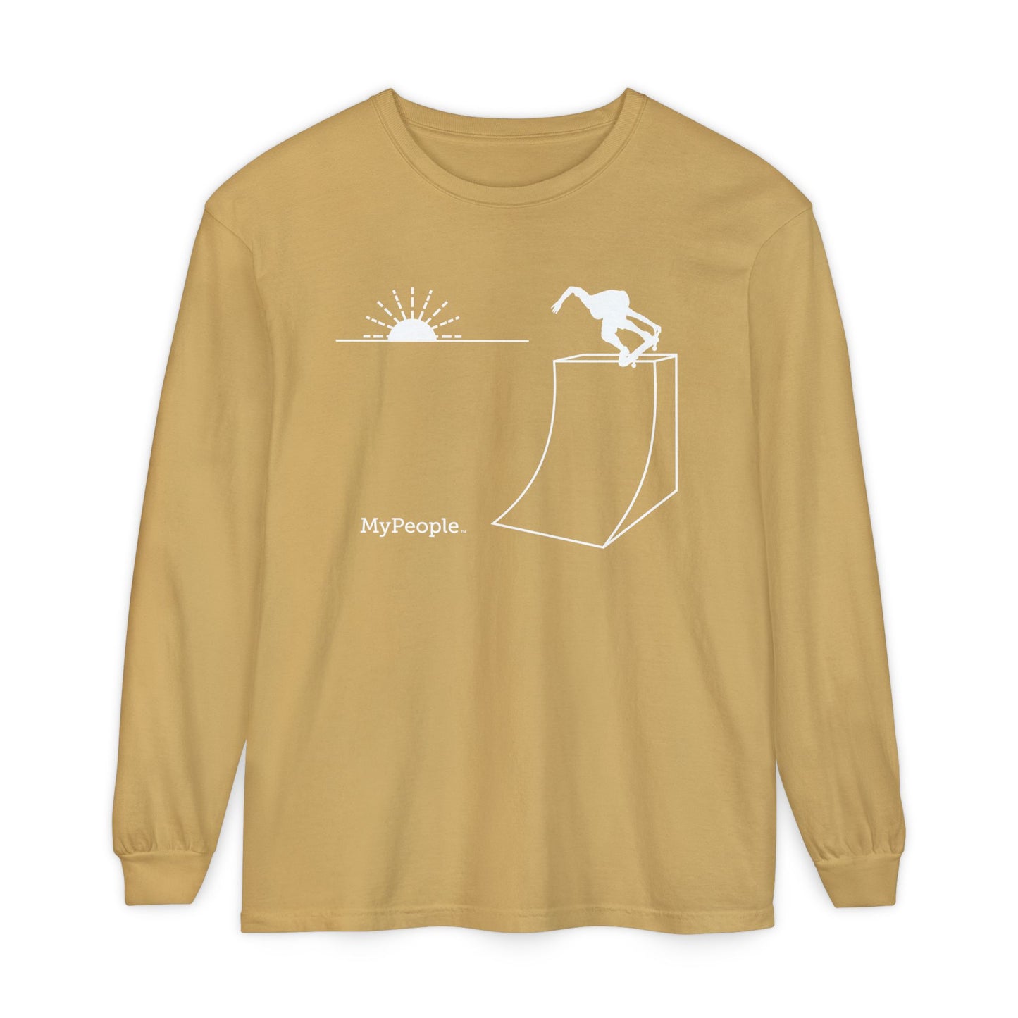 Line illustration of a skater on a ramp with a setting sun, with the word MyPeople underneath on a unisex garment.