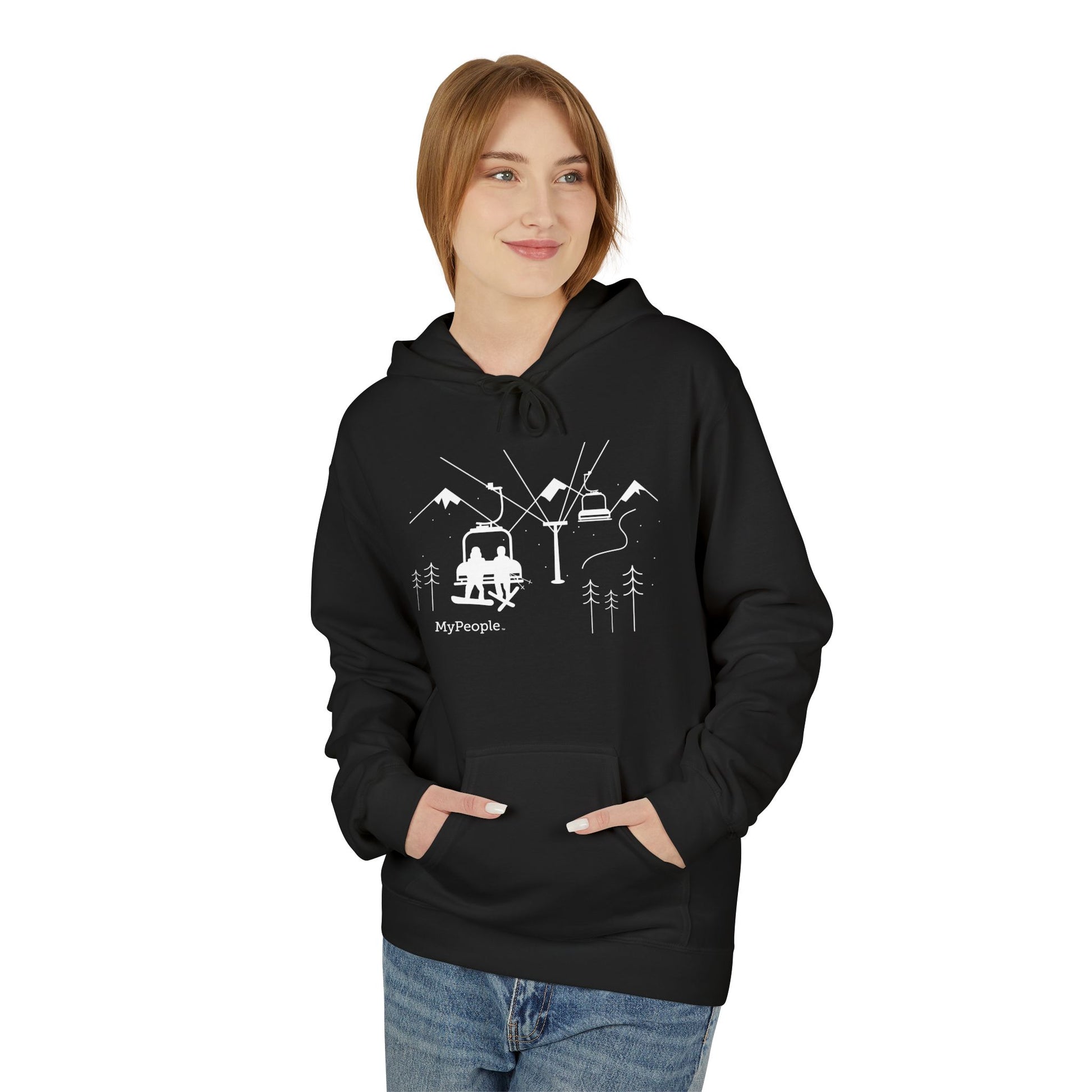 Person wearing a unisex hoodie showing the front view with the MyPeople Snowsports line illustration.
