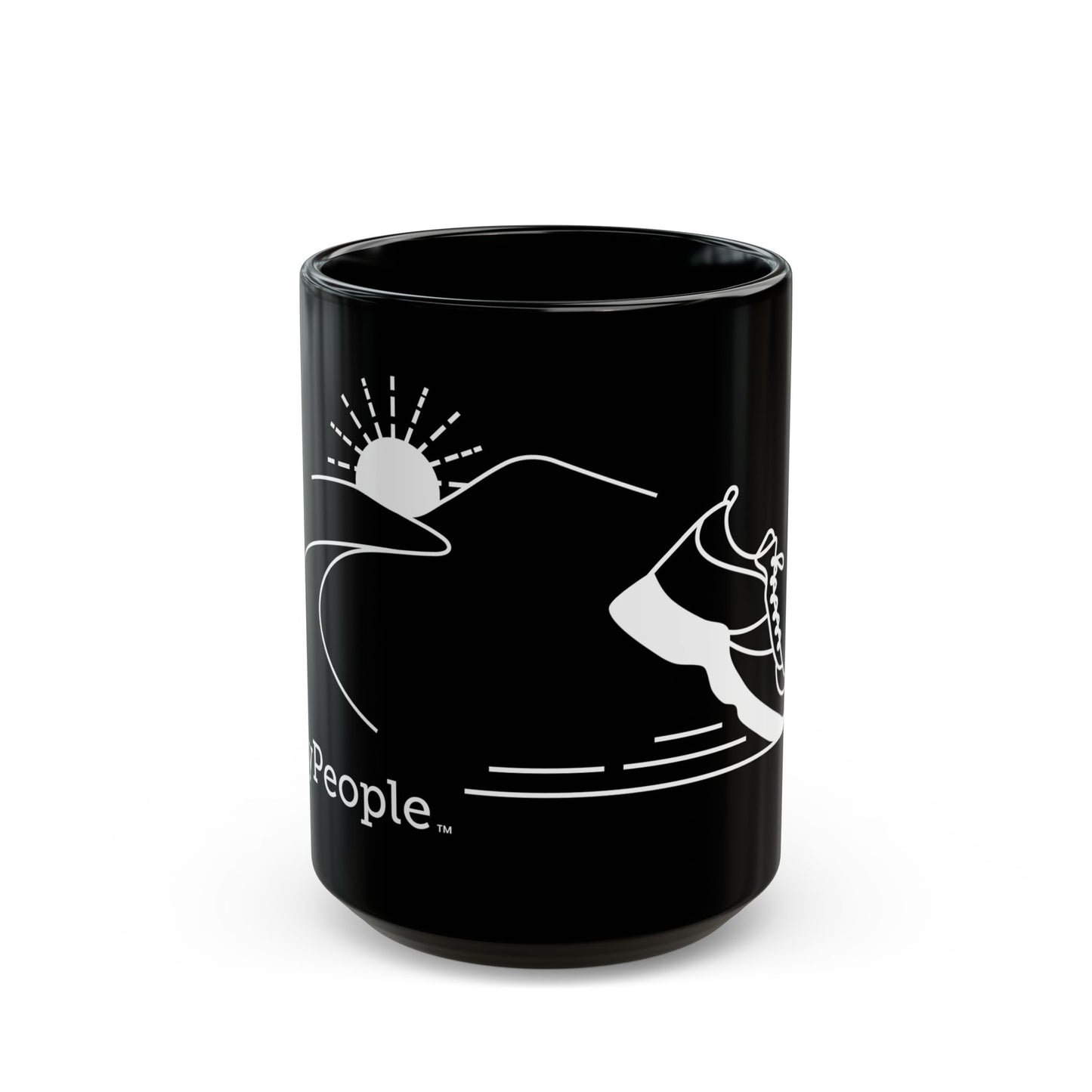 Line illustration of a running shoe with a road leading toward mountains and a setting sun, with the word MyPeople underneath printed on a ceramic mug.