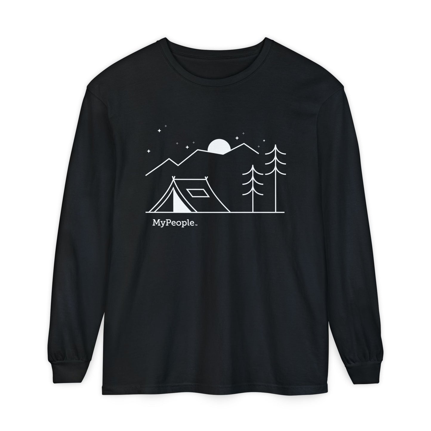 Line illustration of a small tent beside a tree with mountains, stars, and a moon in the night sky, with the word MyPeople underneath on a unisex long-sleeve shirt.
