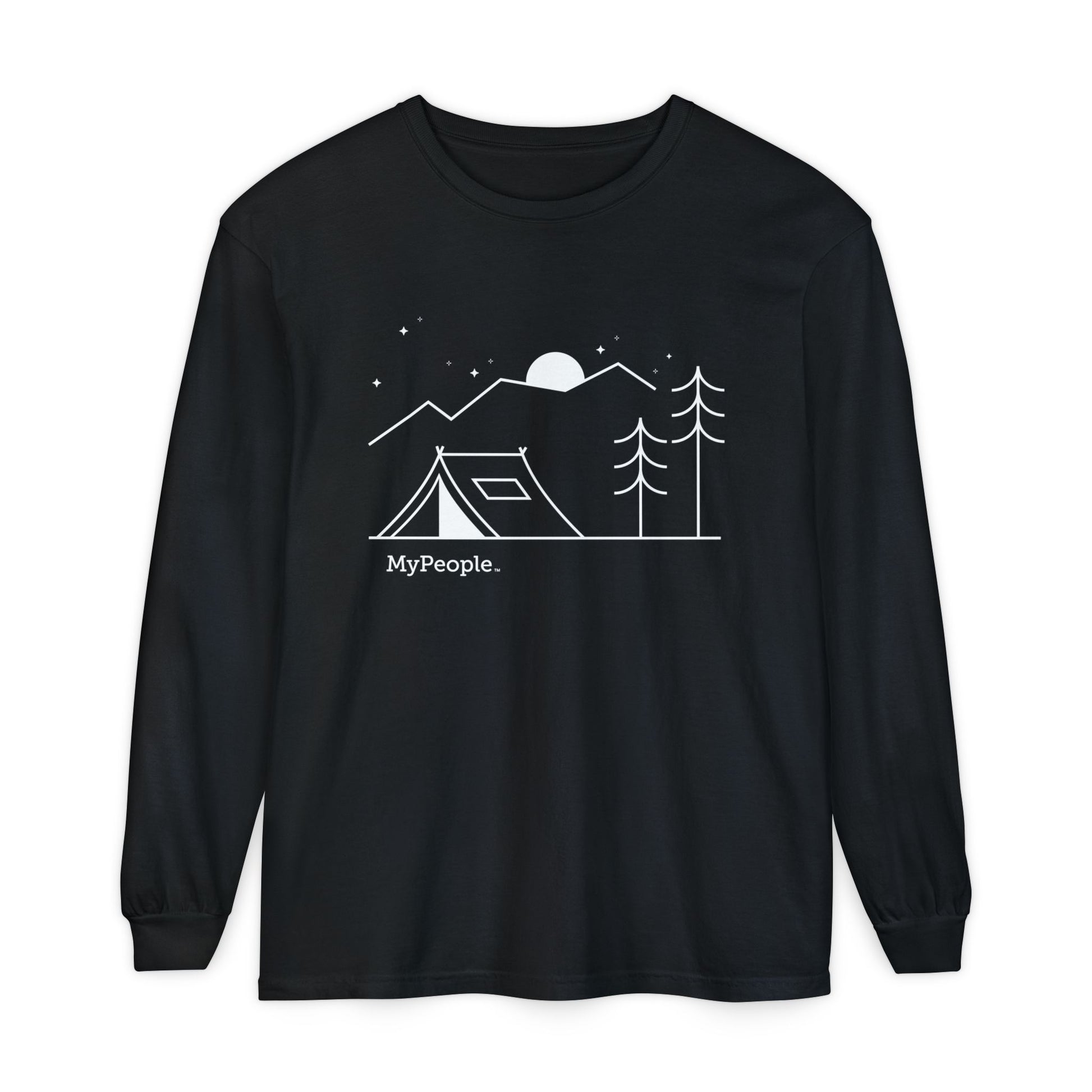 Line illustration of a small tent beside a tree with mountains, stars, and a moon in the night sky, with the word MyPeople underneath on a unisex long-sleeve shirt.