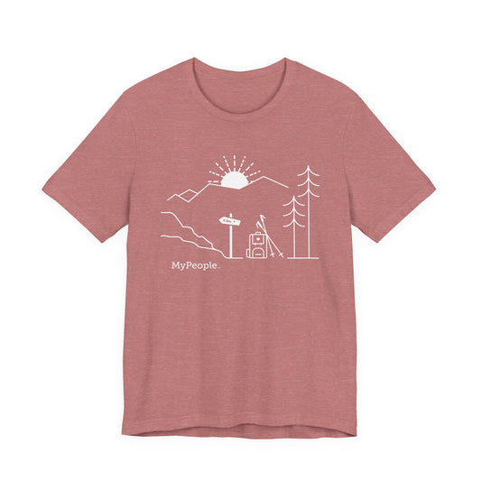 Line illustration of a backpack and hiking poles beside a trail sign with mountains and a setting sun, with the word MyPeople underneath on a unisex garment.