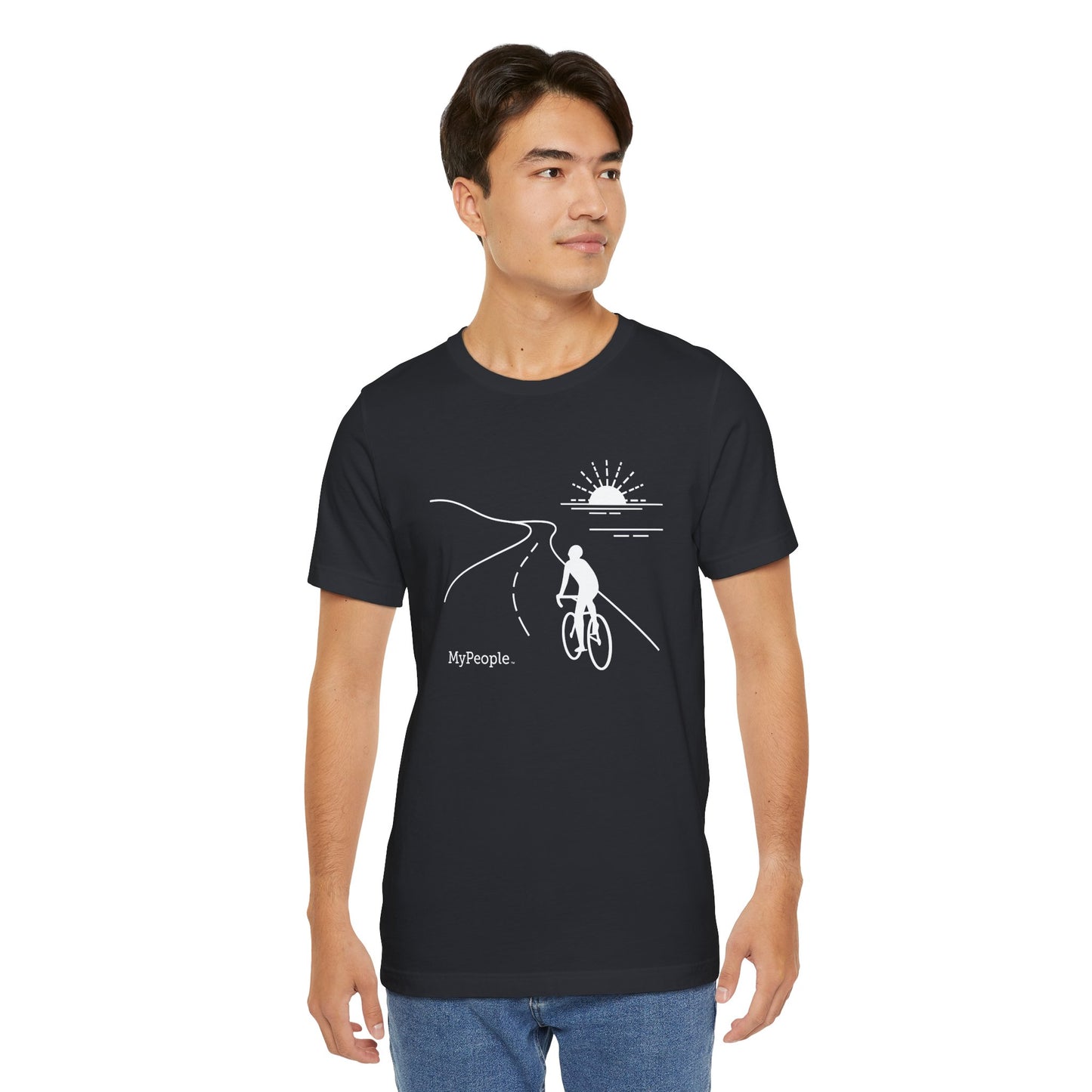 Person wearing a unisex t-shirt showing the front view with the MyPeople Cycling line illustration.