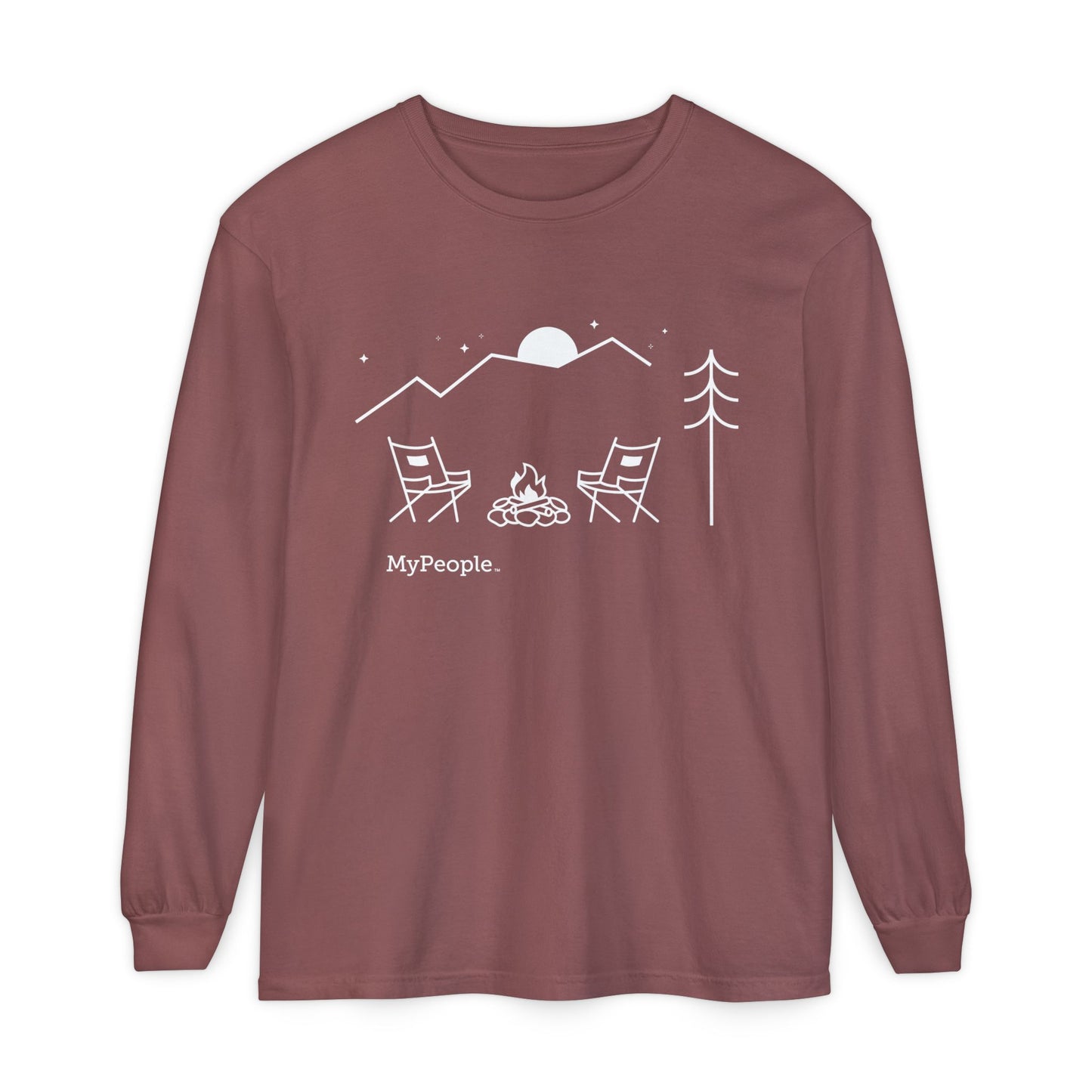 Line illustration of two chairs by a campfire under a tree with mountains and a night sky, with the word MyPeople underneath on a unisex garment.