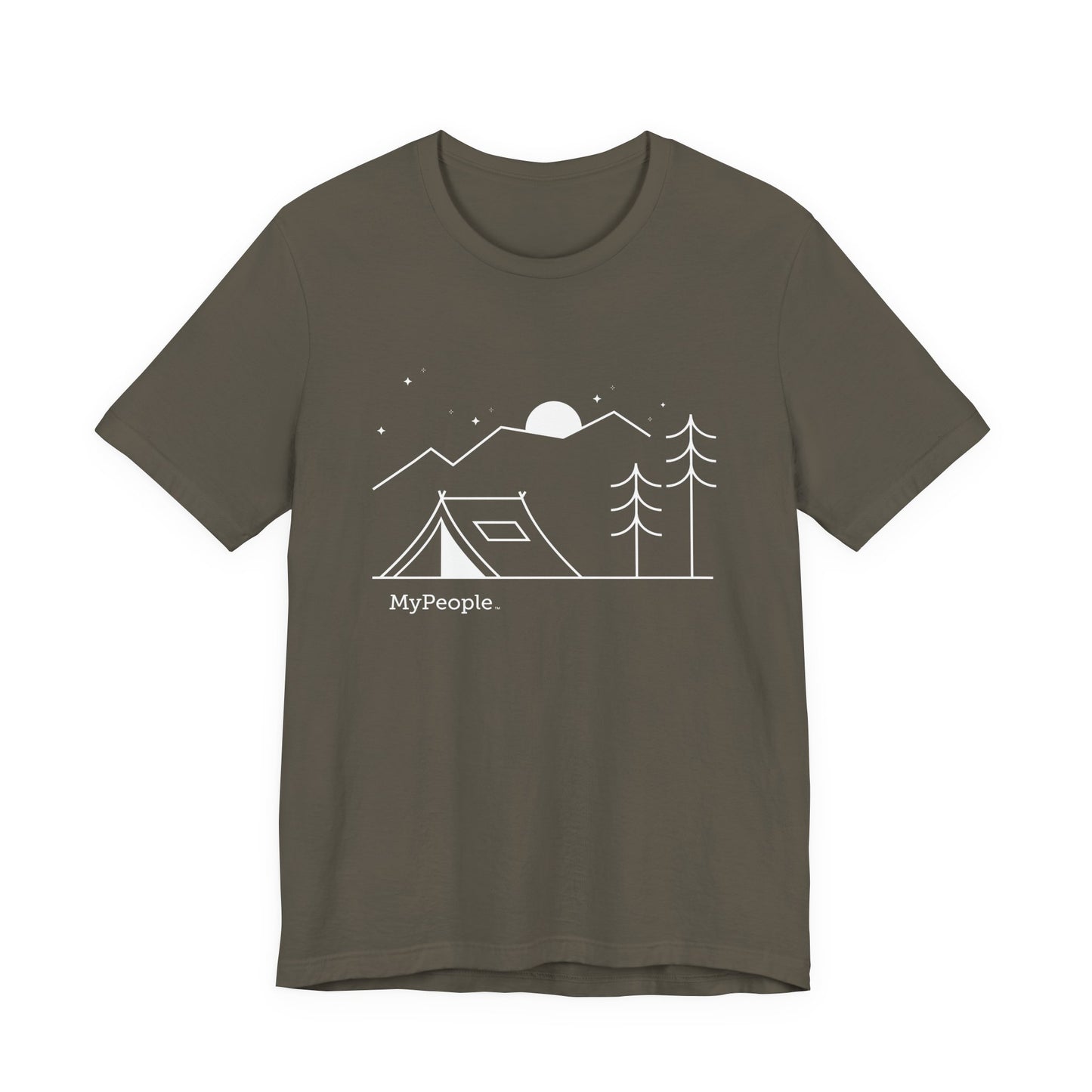 Line illustration of a tent beneath a tree with mountains, stars, and a moon, with the word MyPeople underneath on a unisex garment.