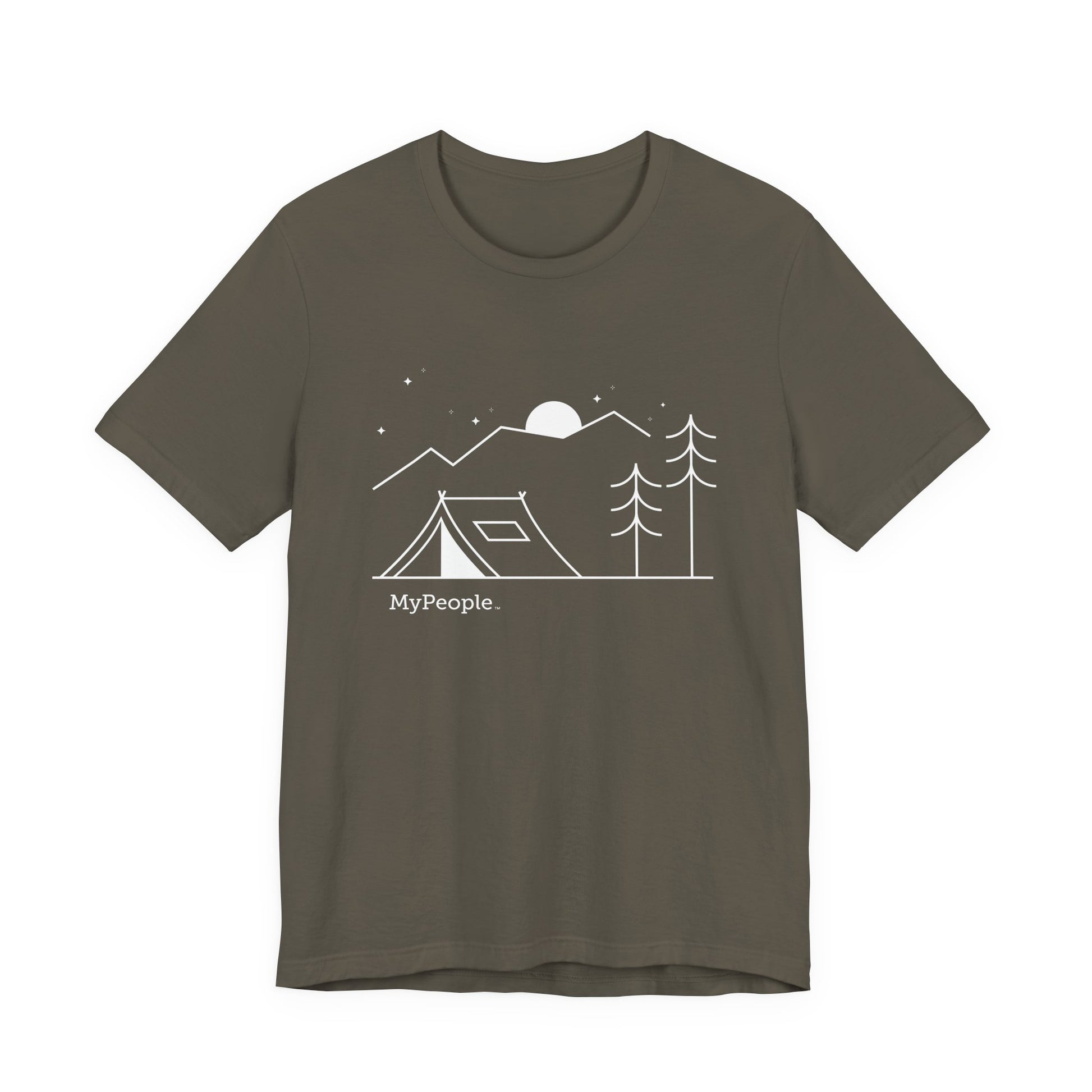 Line illustration of a tent beneath a tree with mountains, stars, and a moon, with the word MyPeople underneath on a unisex garment.