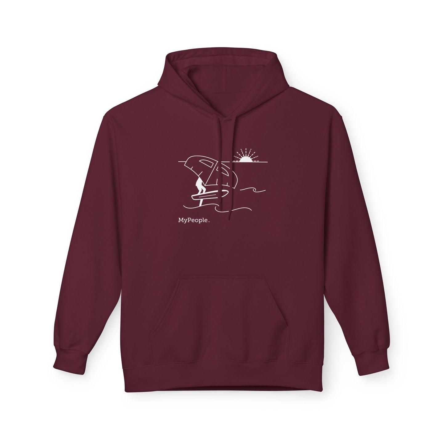 Line illustration of a person wing foiling on the water with a setting sun, with the word MyPeople underneath on a unisex garment.