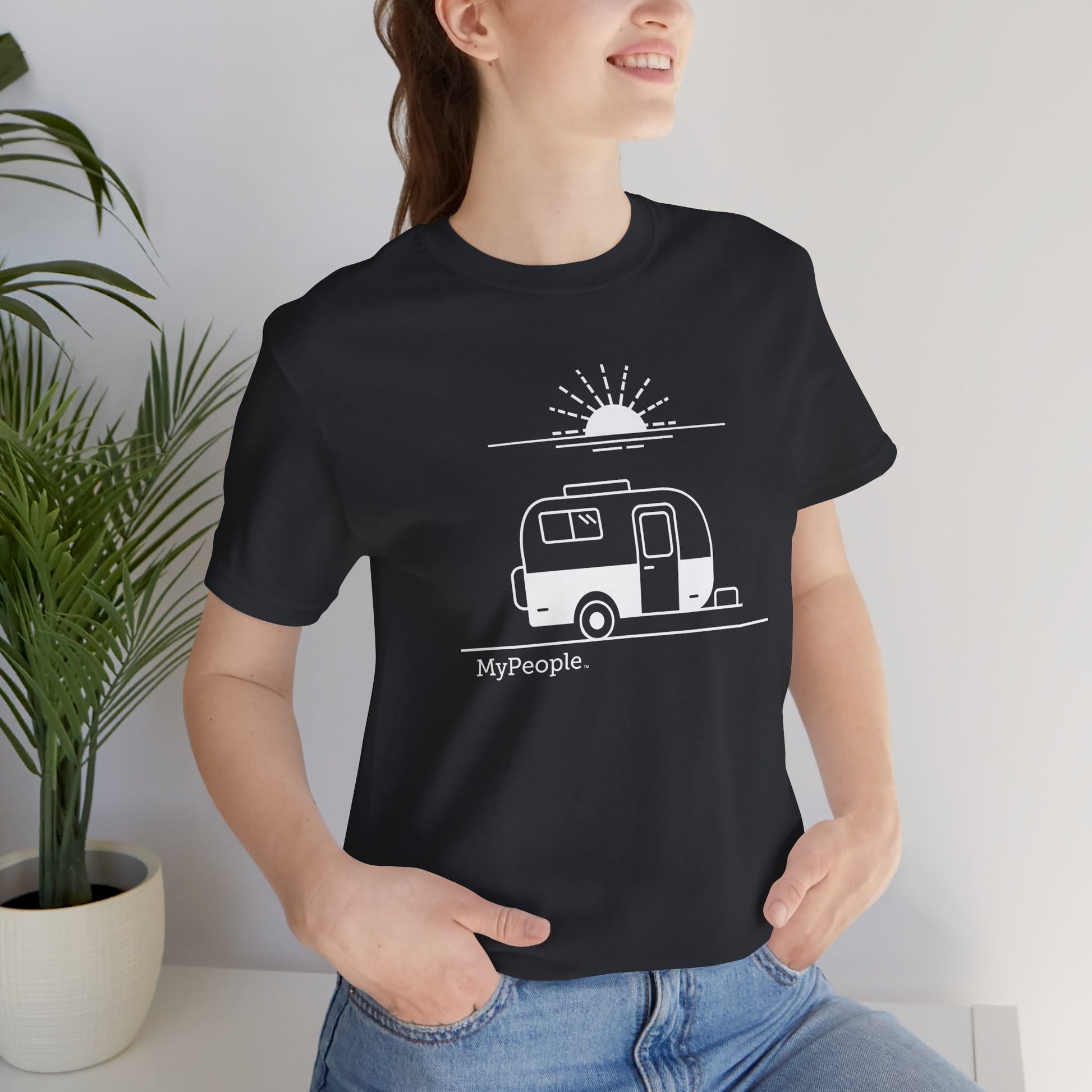 Person wearing a unisex t-shirt showing the front view with the MyPeople Vintage Trailer line illustration.
