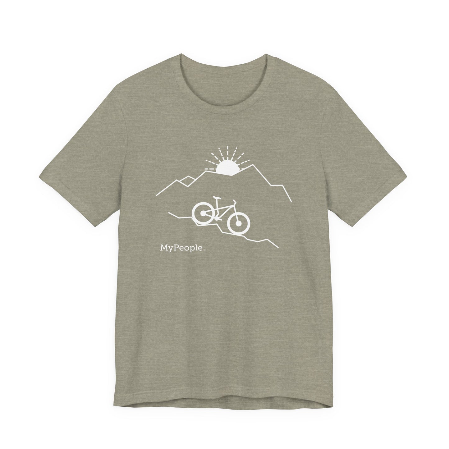 Line illustration of a mountain bike on a downhill slope with mountains and a setting sun, with the word MyPeople underneath on a unisex garment.