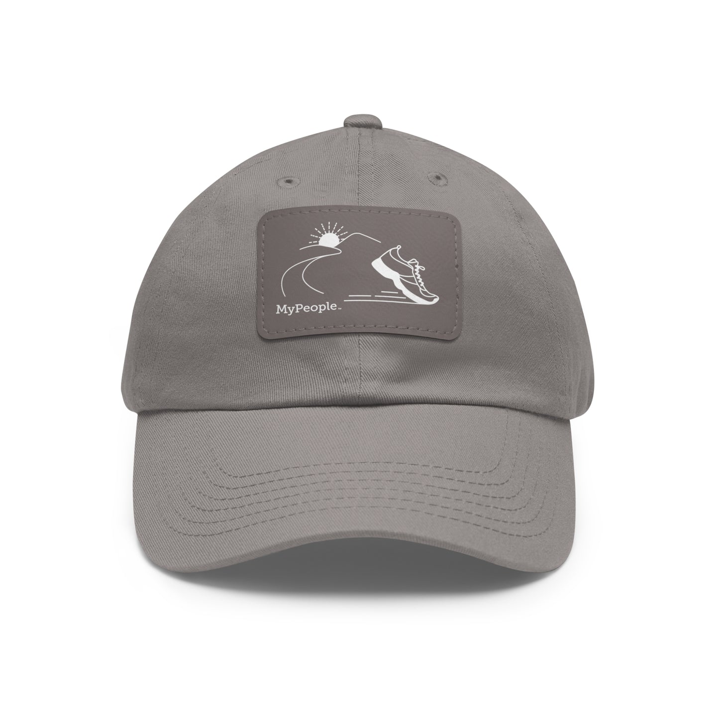 Hat with a leather patch printed with the MyPeople Running line illustration.
