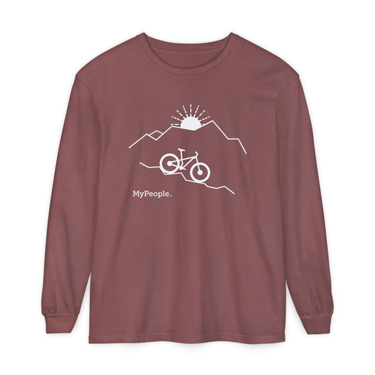 Line illustration of a mountain bike on a downhill slope with mountains and a setting sun, with the word MyPeople underneath on a unisex garment.