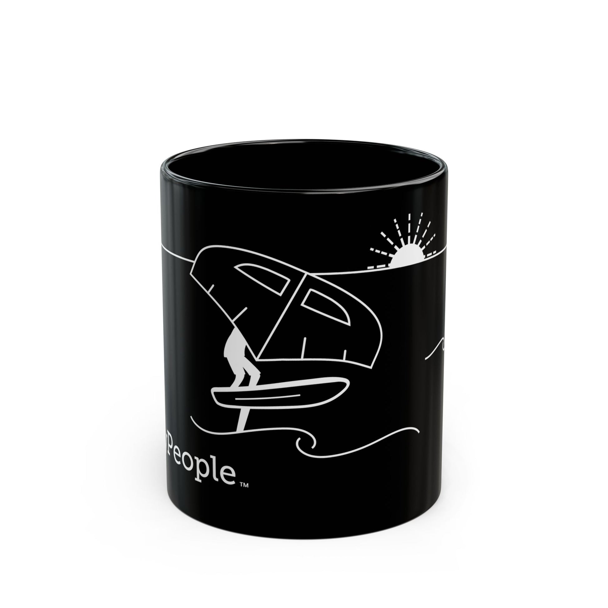 Line illustration of a person wing foiling on the water with a setting sun behind them, with the word MyPeople underneath printed on a ceramic mug.