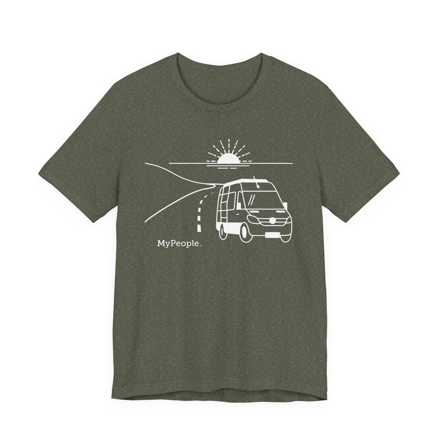Line illustration of a camper van on a highway with a setting sun, with the word MyPeople underneath on a unisex garment.