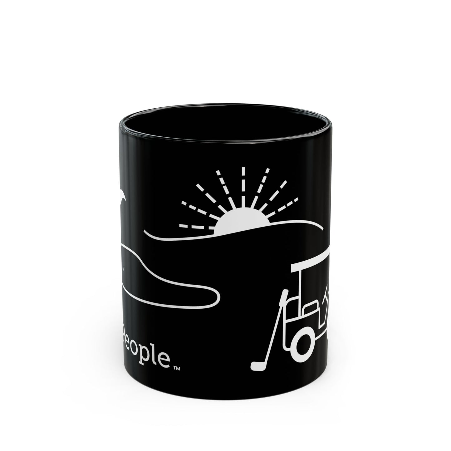 Line illustration of a golf cart with a club leaning against it, with a golf green, flag, and a setting sun behind it, with the word MyPeople underneath printed on a ceramic mug.