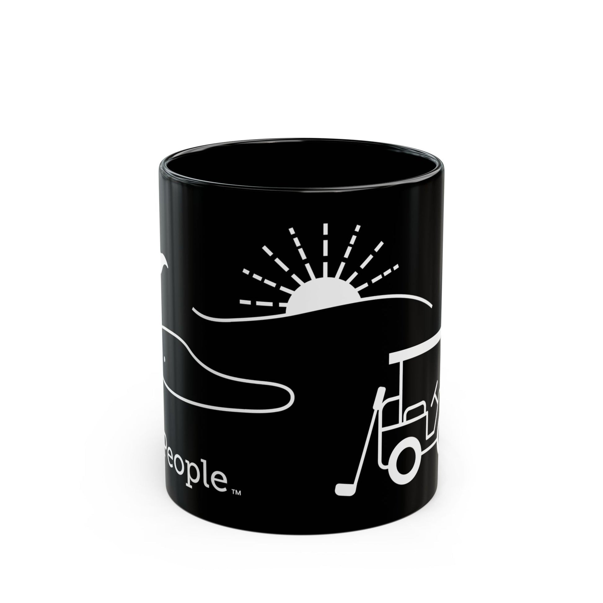 Line illustration of a golf cart with a club leaning against it, with a golf green, flag, and a setting sun behind it, with the word MyPeople underneath printed on a ceramic mug.