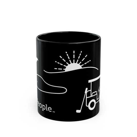 Line illustration of a golf cart with a club leaning against it, with a golf green, flag, and a setting sun behind it, with the word MyPeople underneath printed on a ceramic mug.