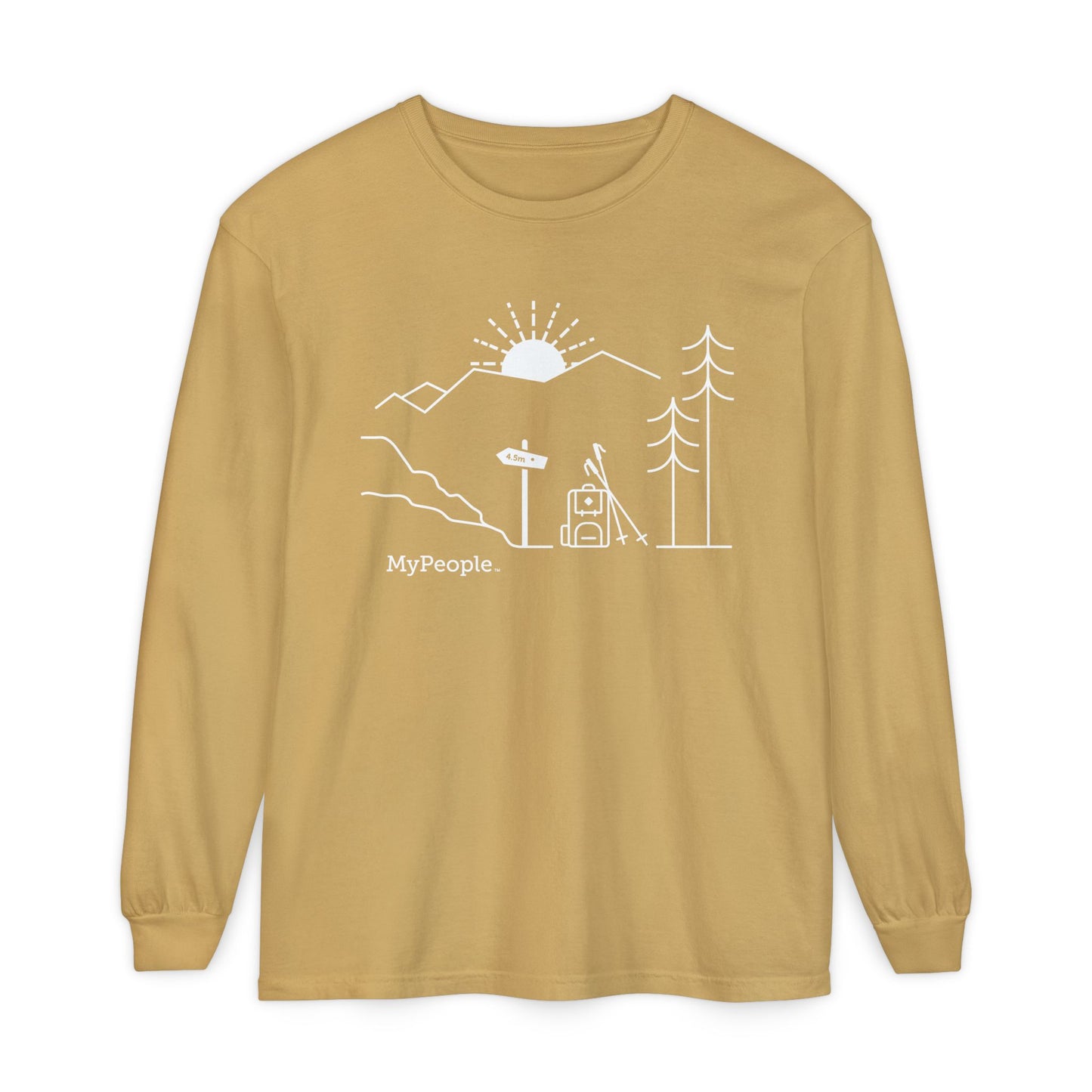Line illustration of a backpack and hiking poles beside a trail sign with mountains and a setting sun, with the word MyPeople underneath on a unisex garment.