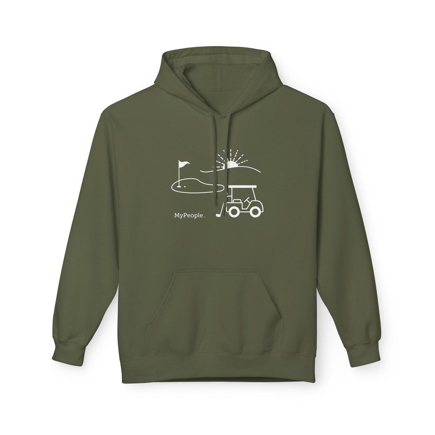 Line illustration of a golf cart, club, and green with a setting sun, with the word MyPeople underneath on a unisex garment.
