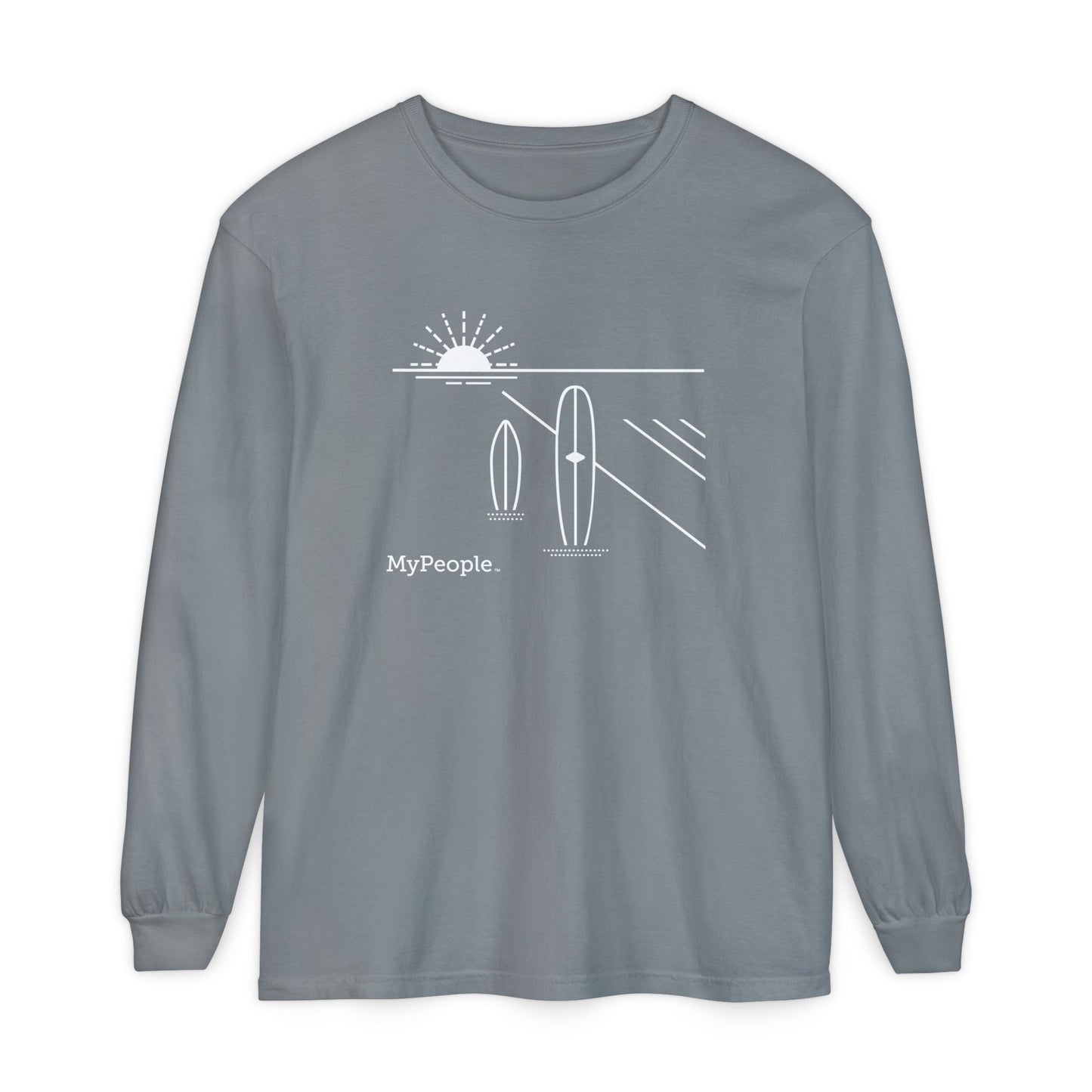 Line illustration of two surfboards standing upright in the sand with a setting sun, with the word MyPeople underneath on a unisex garment.