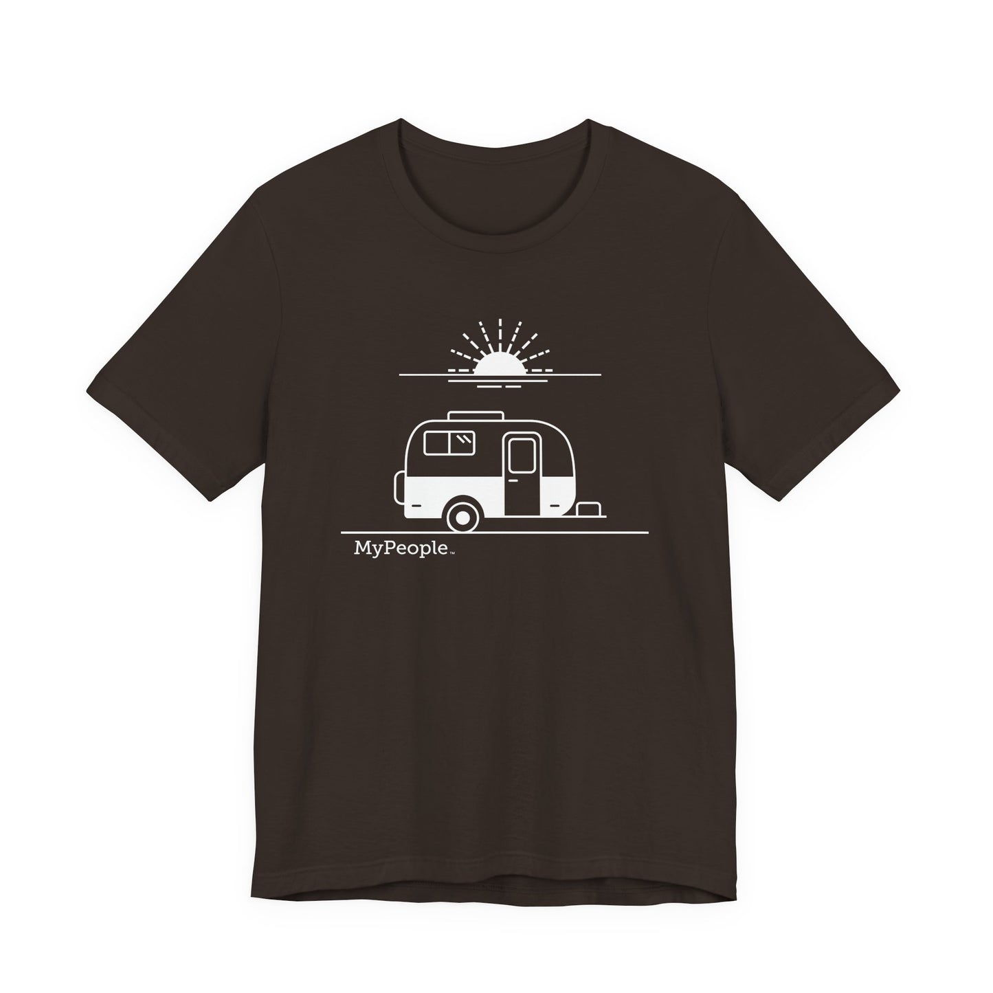 Line illustration of a vintage fiberglass trailer with a setting sun, with the word MyPeople underneath on a unisex garment.