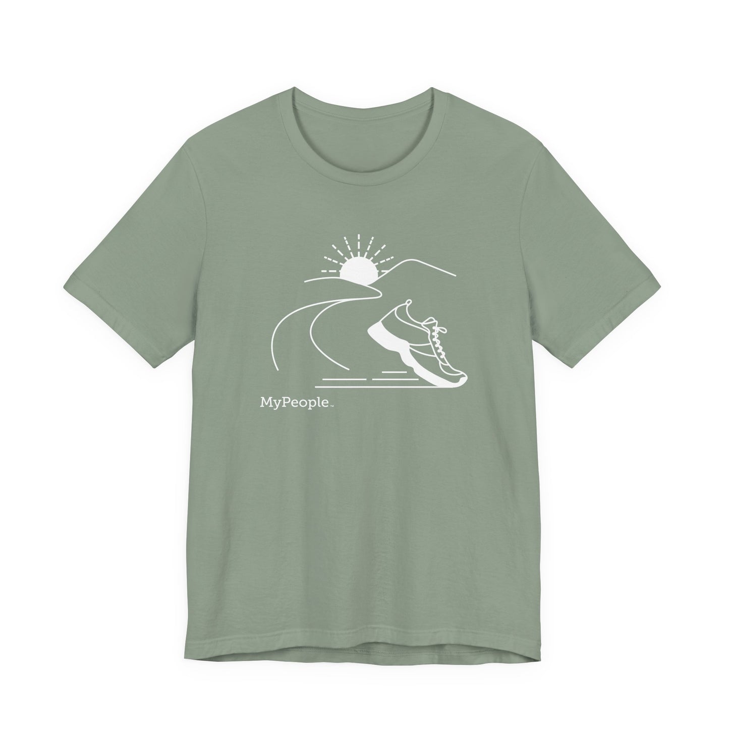Line illustration of a running shoe with a road leading to mountains and a setting sun, with the word MyPeople underneath on a unisex garment.