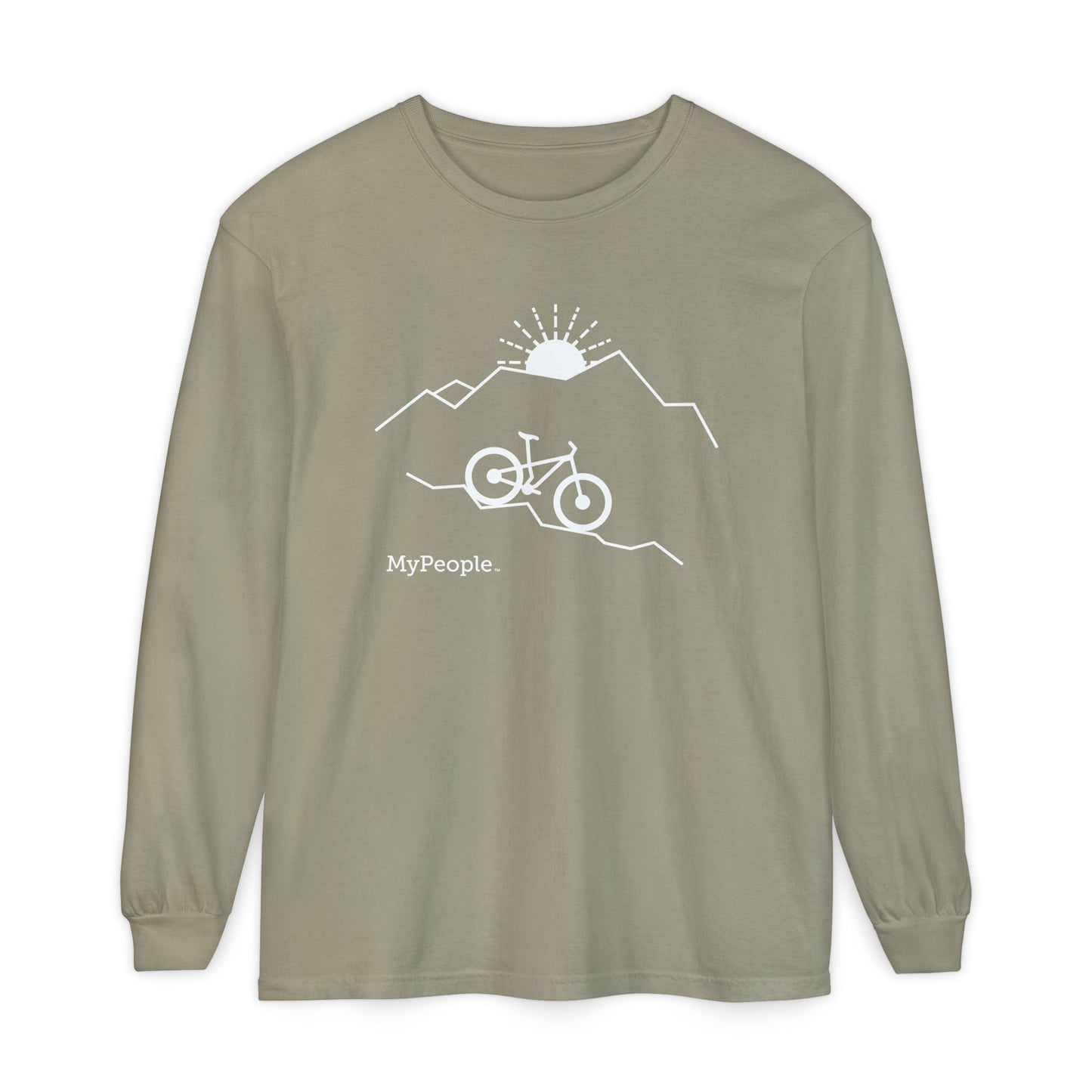 Line illustration of a mountain bike on a downhill slope with mountains and a setting sun, with the word MyPeople underneath on a unisex garment.