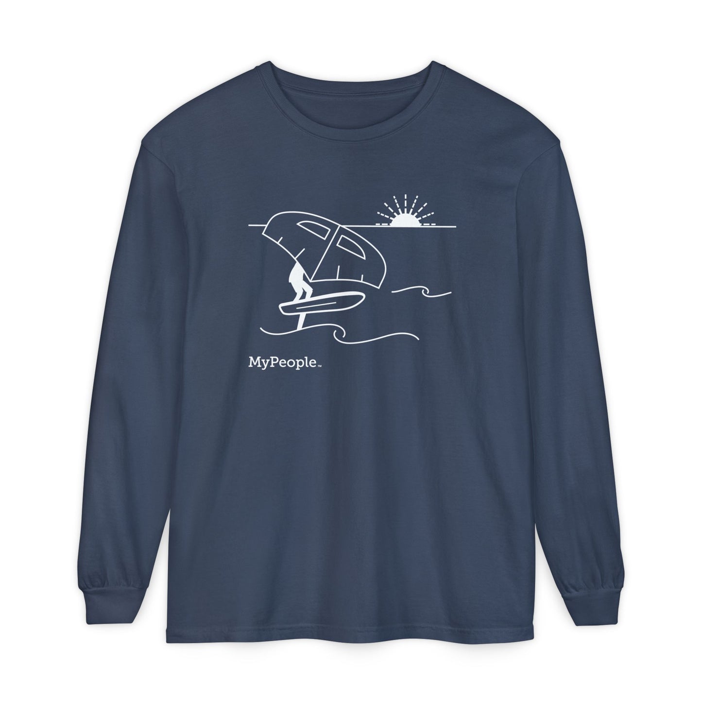 Line illustration of a person wing foiling on the water with a setting sun, with the word MyPeople underneath on a unisex garment.