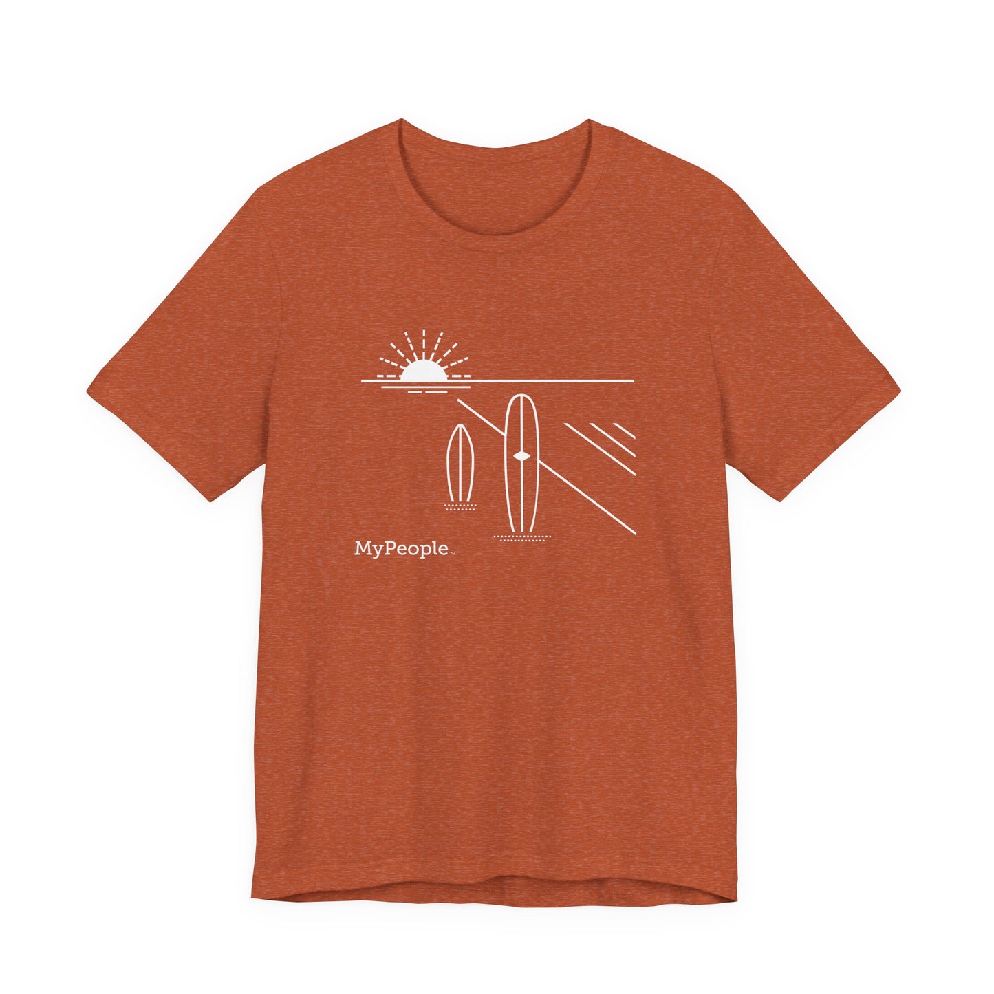 Line illustration of two surfboards standing upright in the sand with a setting sun, with the word MyPeople underneath on a unisex garment.