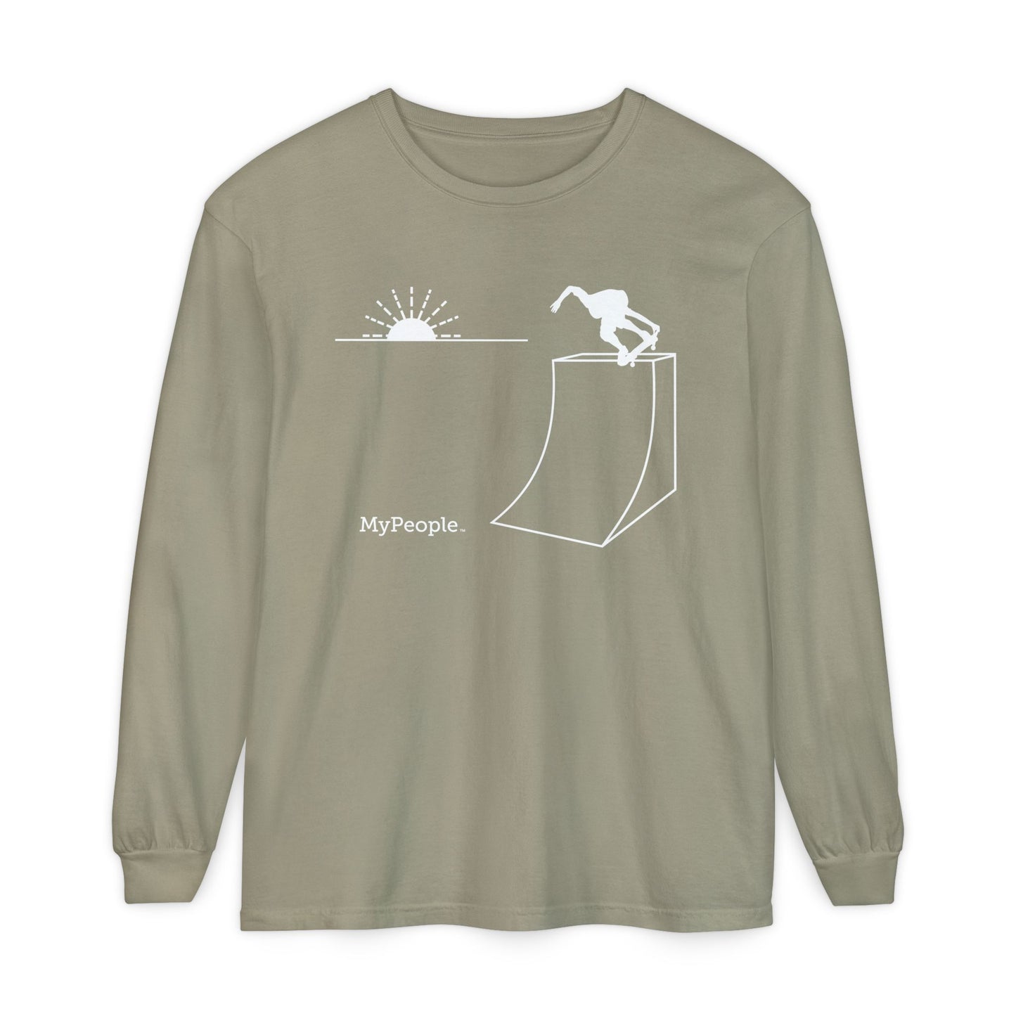 Line illustration of a skater on a ramp with a setting sun, with the word MyPeople underneath on a unisex garment.