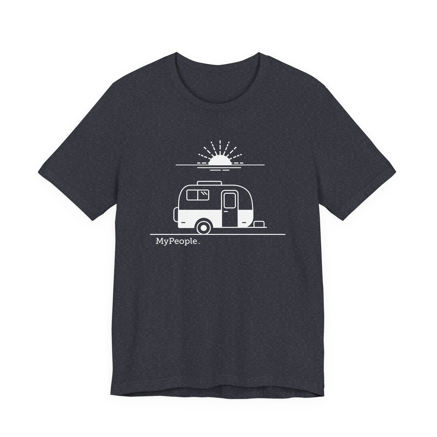Line illustration of a vintage fiberglass trailer with a setting sun, with the word MyPeople underneath on a unisex garment.