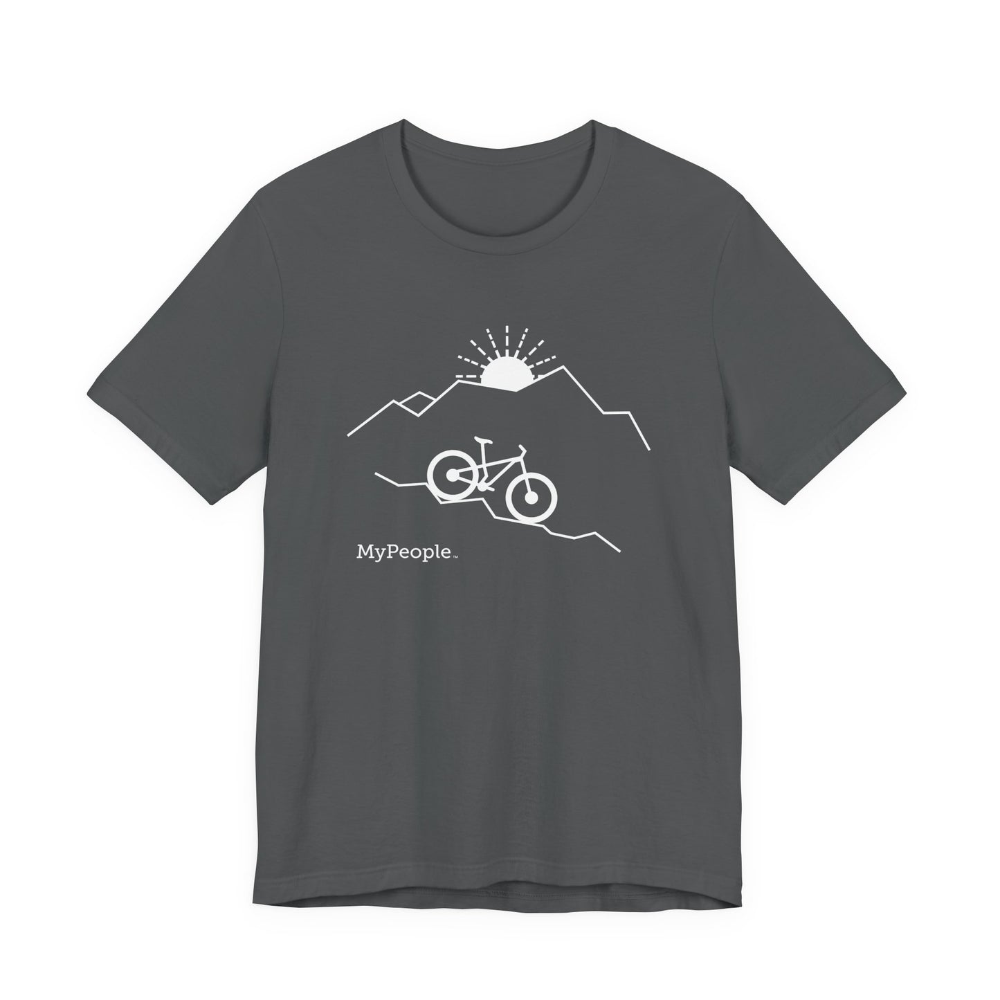 Line illustration of a mountain bike on a downhill slope with mountains and a setting sun, with the word MyPeople underneath on a unisex garment.