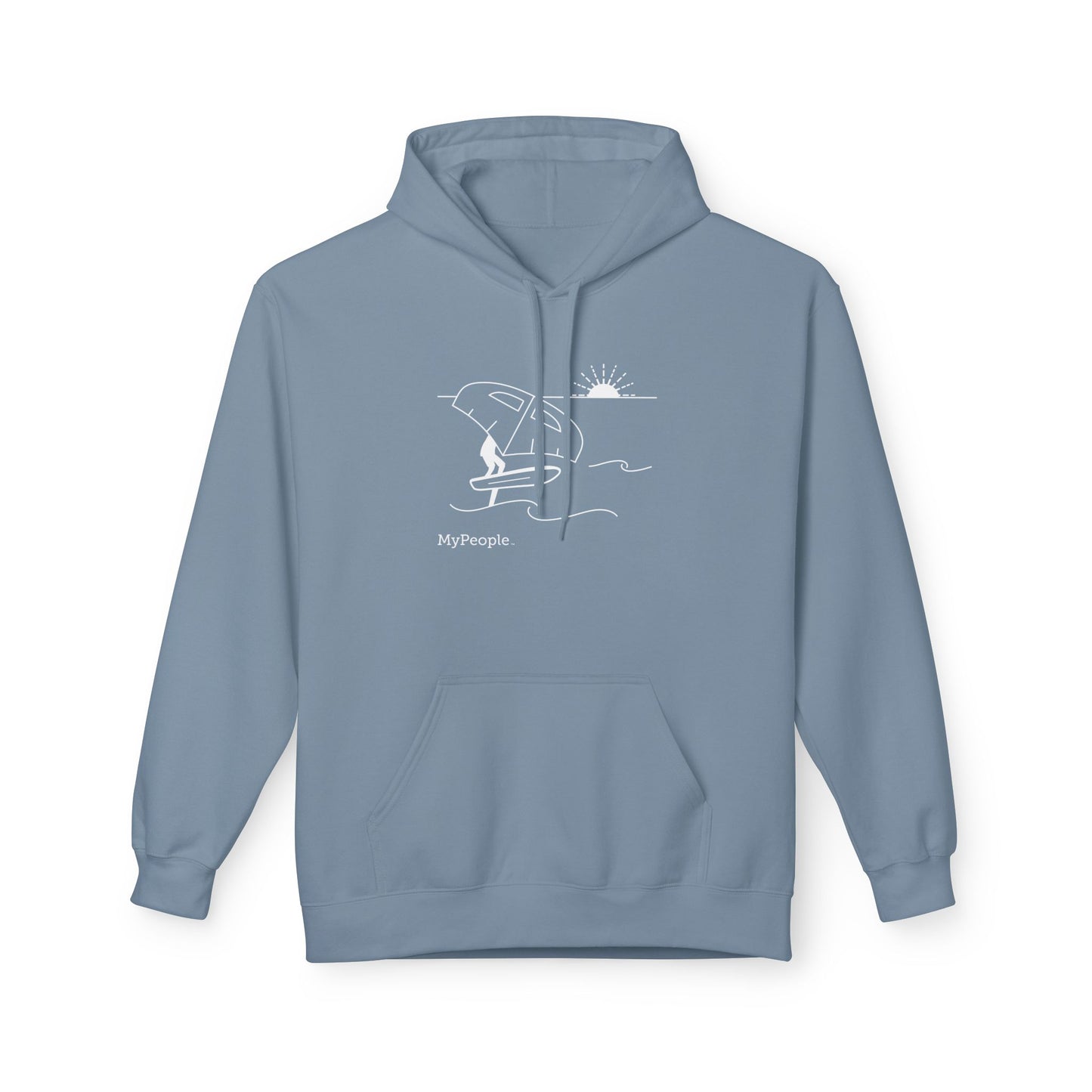 Line illustration of a person wing foiling on the water with a setting sun, with the word MyPeople underneath on a unisex garment.