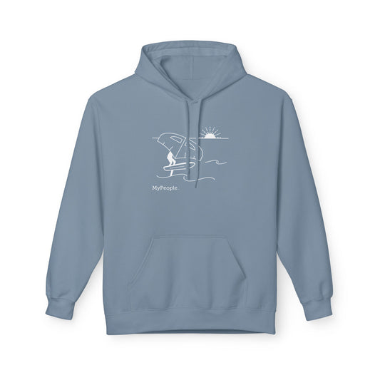 Line illustration of a person wing foiling on the water with a setting sun, with the word MyPeople underneath on a unisex garment.