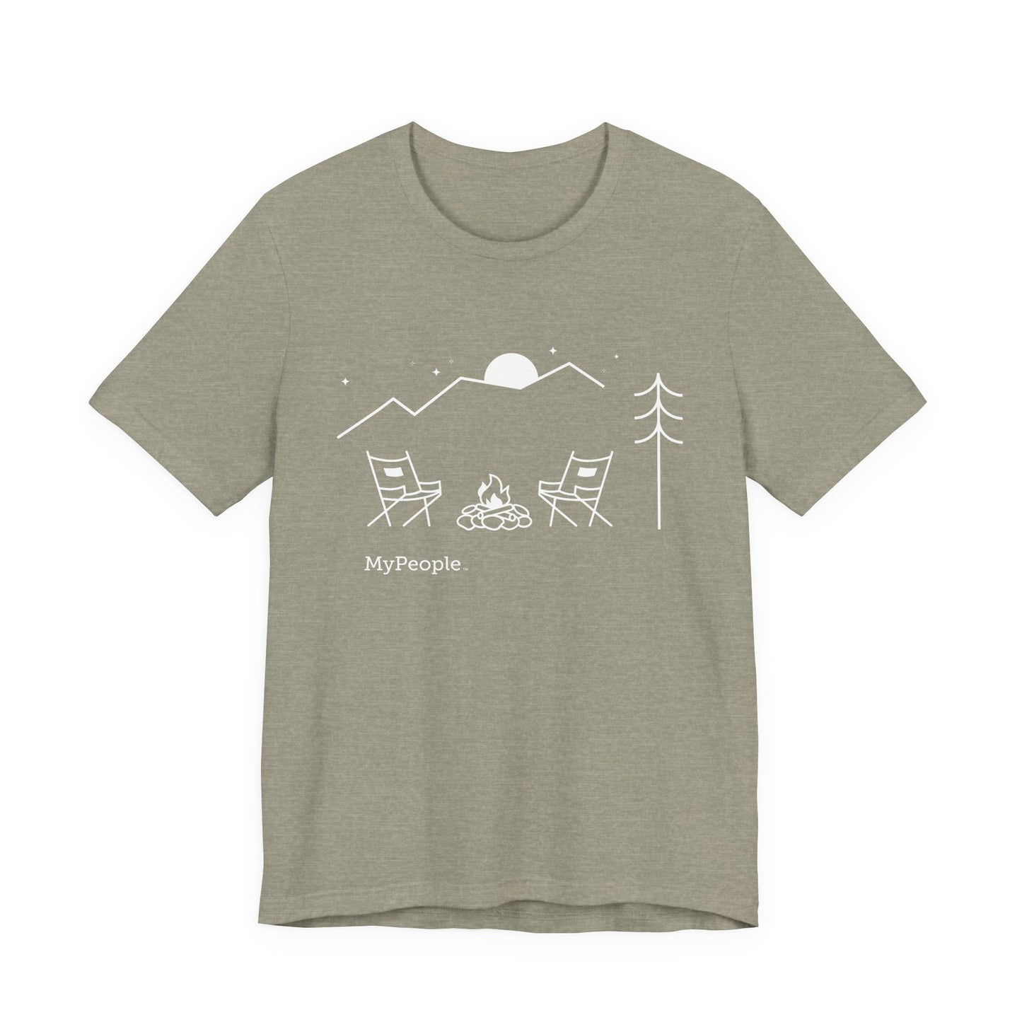 Line illustration of two chairs by a campfire under a tree with mountains and a night sky, with the word MyPeople underneath on a unisex garment.