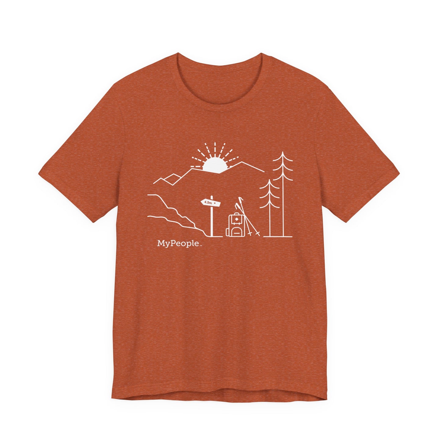 Line illustration of a backpack and hiking poles beside a trail sign with mountains and a setting sun, with the word MyPeople underneath on a unisex garment.